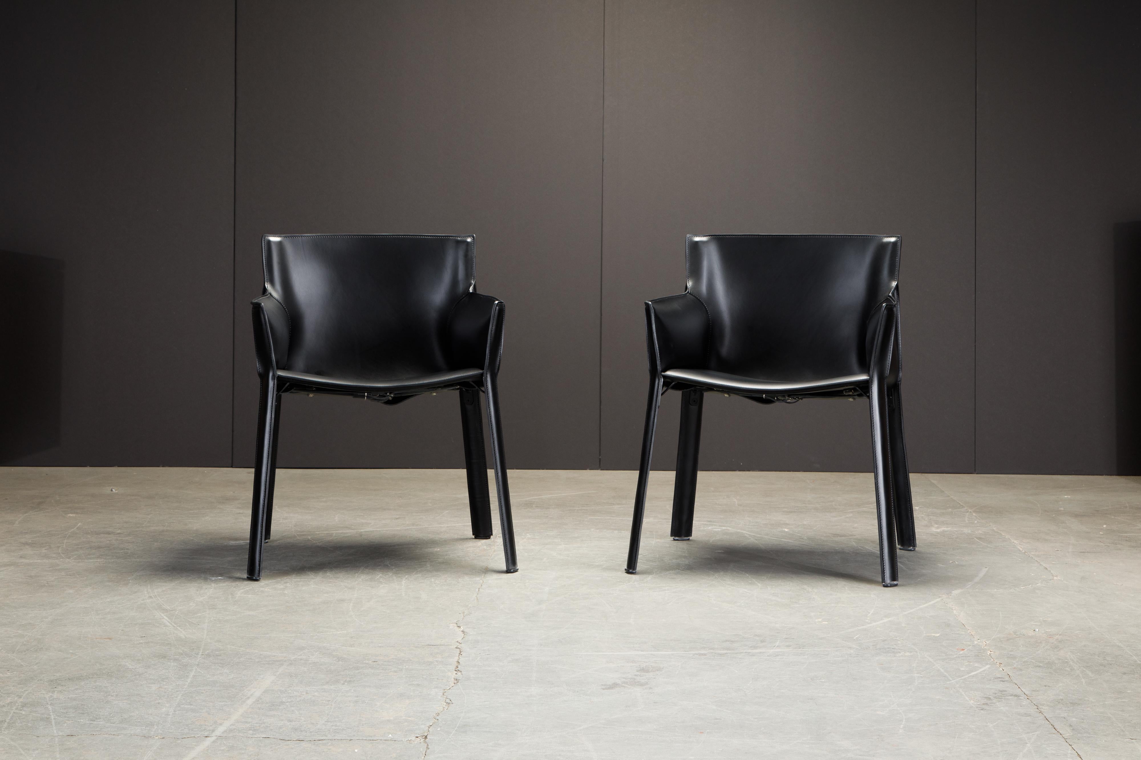 This gorgeous pair of Italian black leather chairs were designed by Giancarlo Vegni for Fasem in circa 1980 and still produced today by the Italy maker, this pair is brand new and available for immediate shipping or more can be custom ordered in any