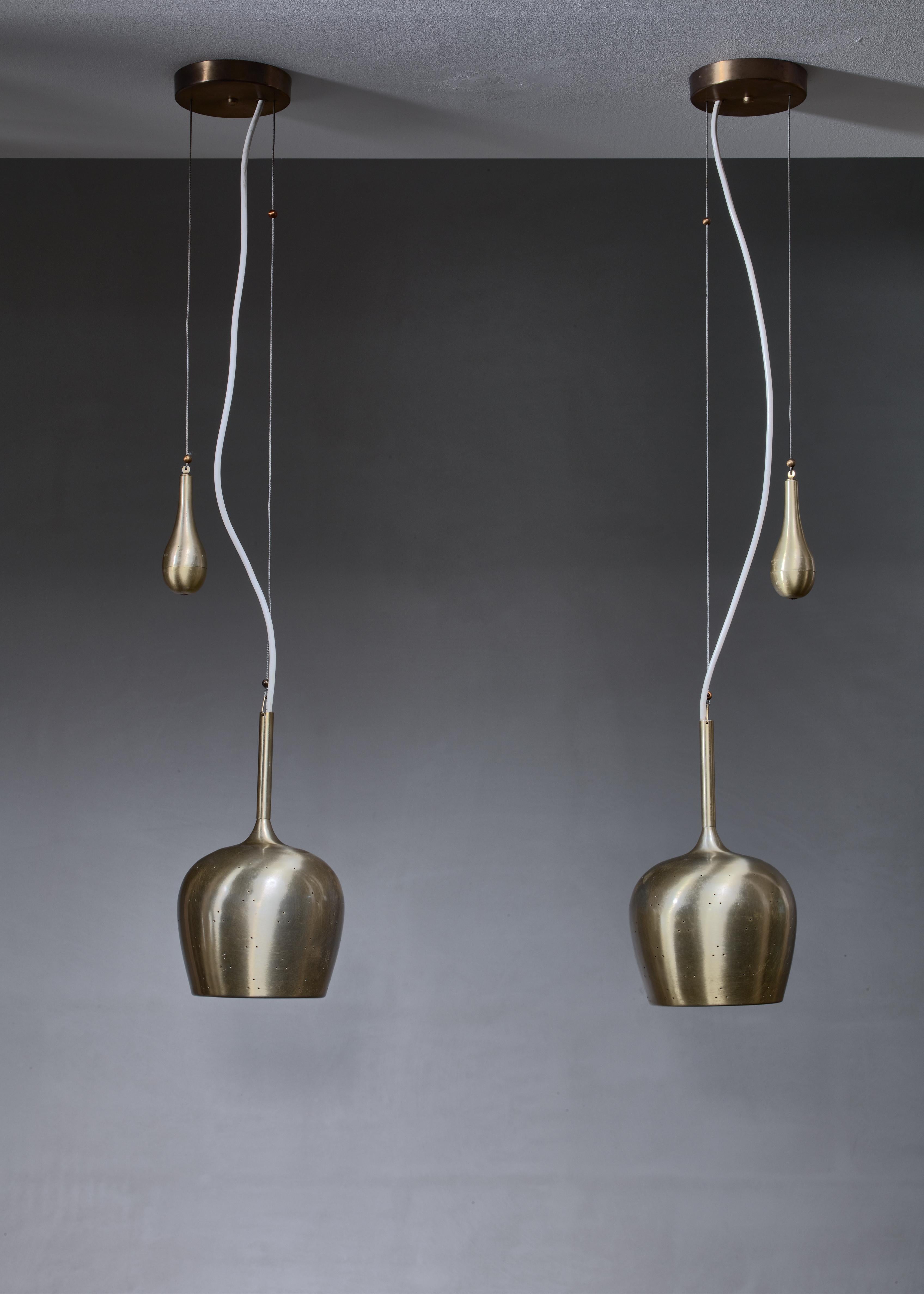 Scandinavian Modern Pair of Paavo Tynell Bell Chandeliers with Counterweight For Sale