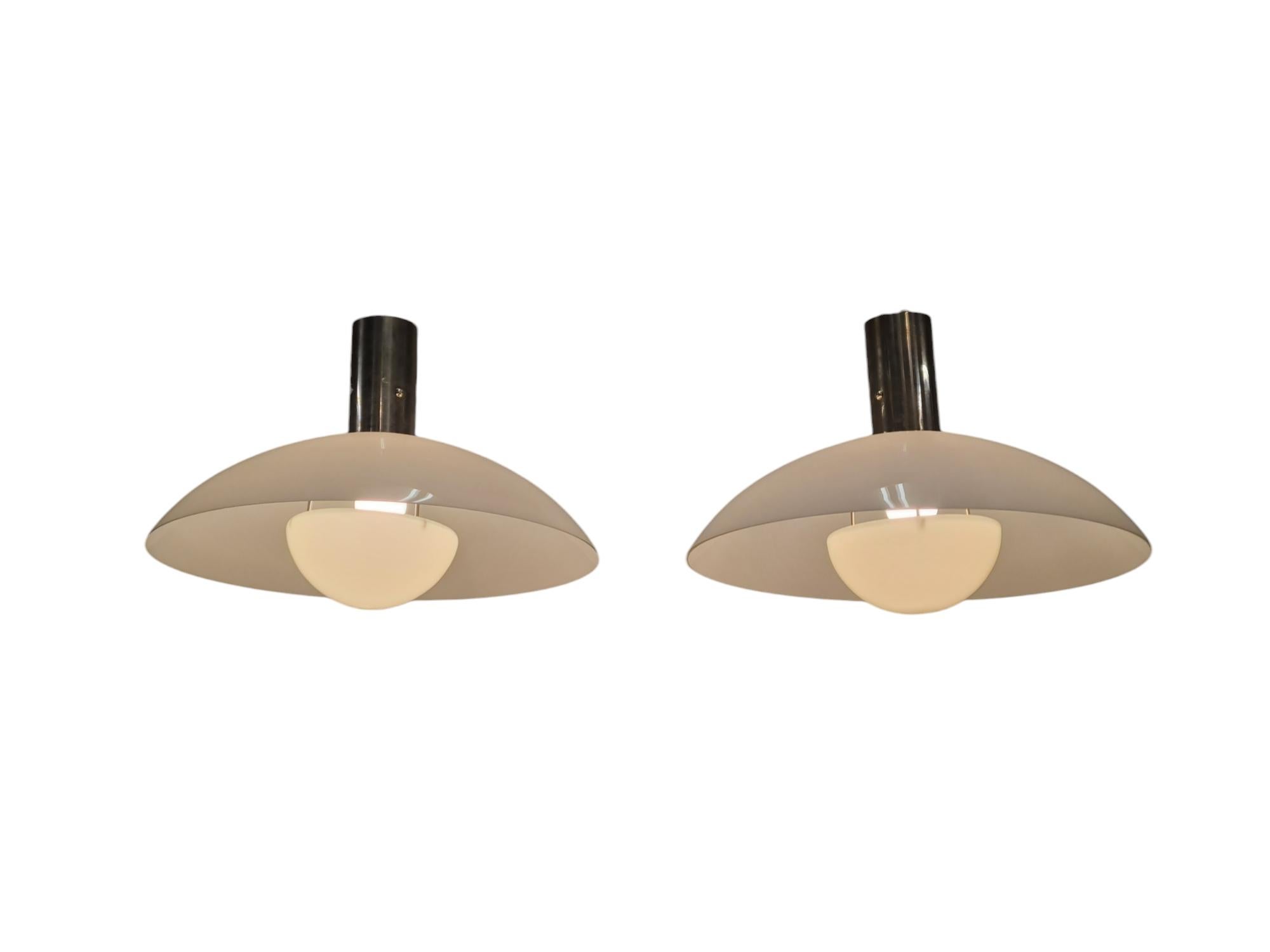 Mid-Century Modern Pair of Paavo Tynell Ceiling Lamps in Chromed Brass & Opaline Glass, Taito 1930s For Sale