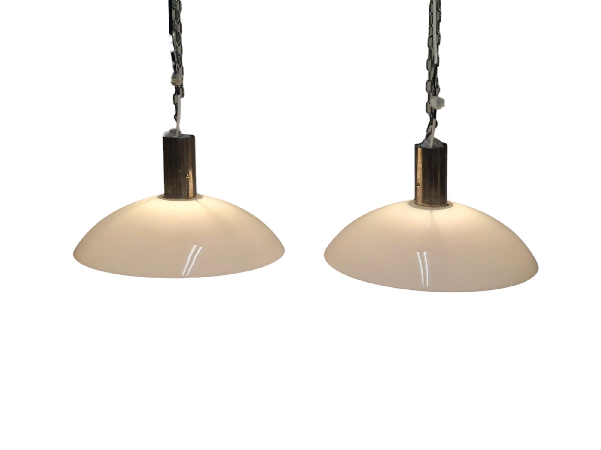 Finnish Pair of Paavo Tynell Ceiling Lamps in Chromed Brass & Opaline Glass, Taito 1930s For Sale