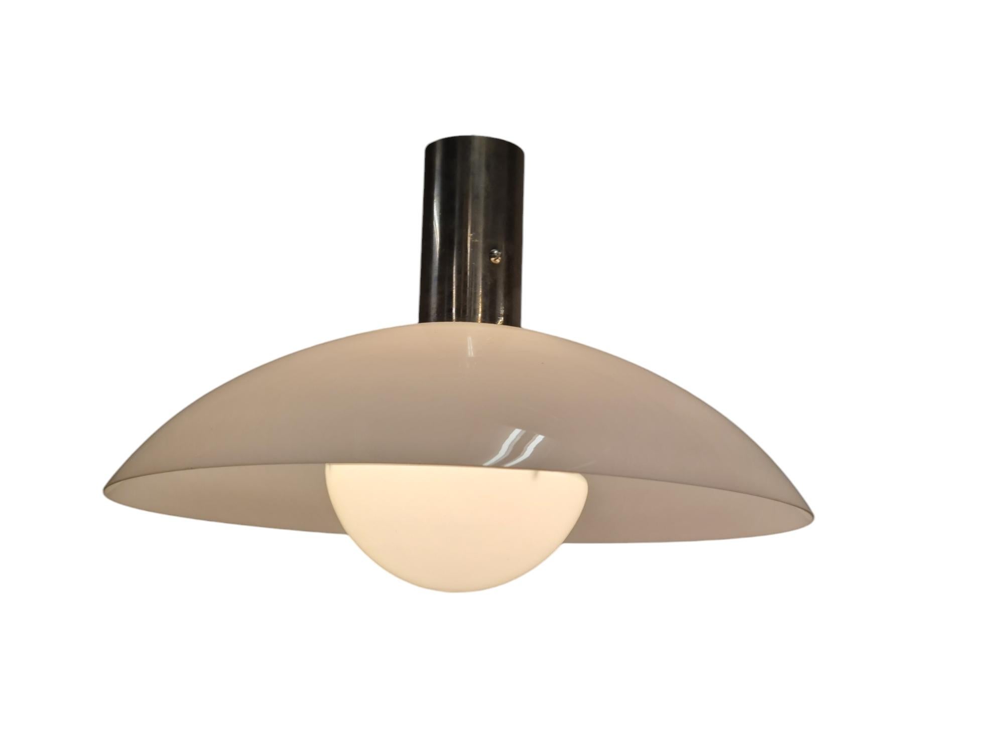 Mid-20th Century Pair of Paavo Tynell Ceiling Lamps in Chromed Brass & Opaline Glass, Taito 1930s For Sale