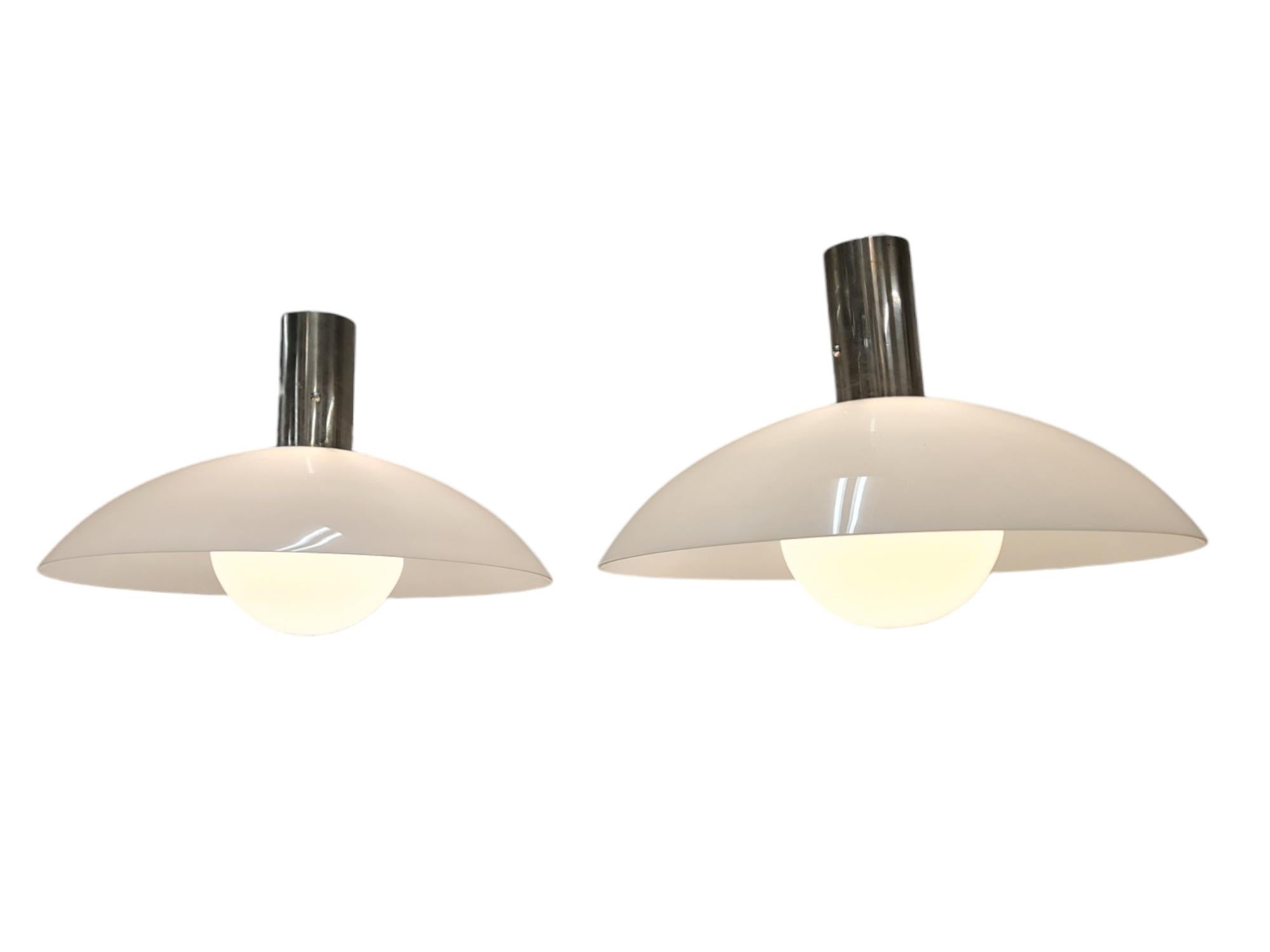 Pair of Paavo Tynell Ceiling Lamps in Chromed Brass & Opaline Glass, Taito 1930s For Sale 1