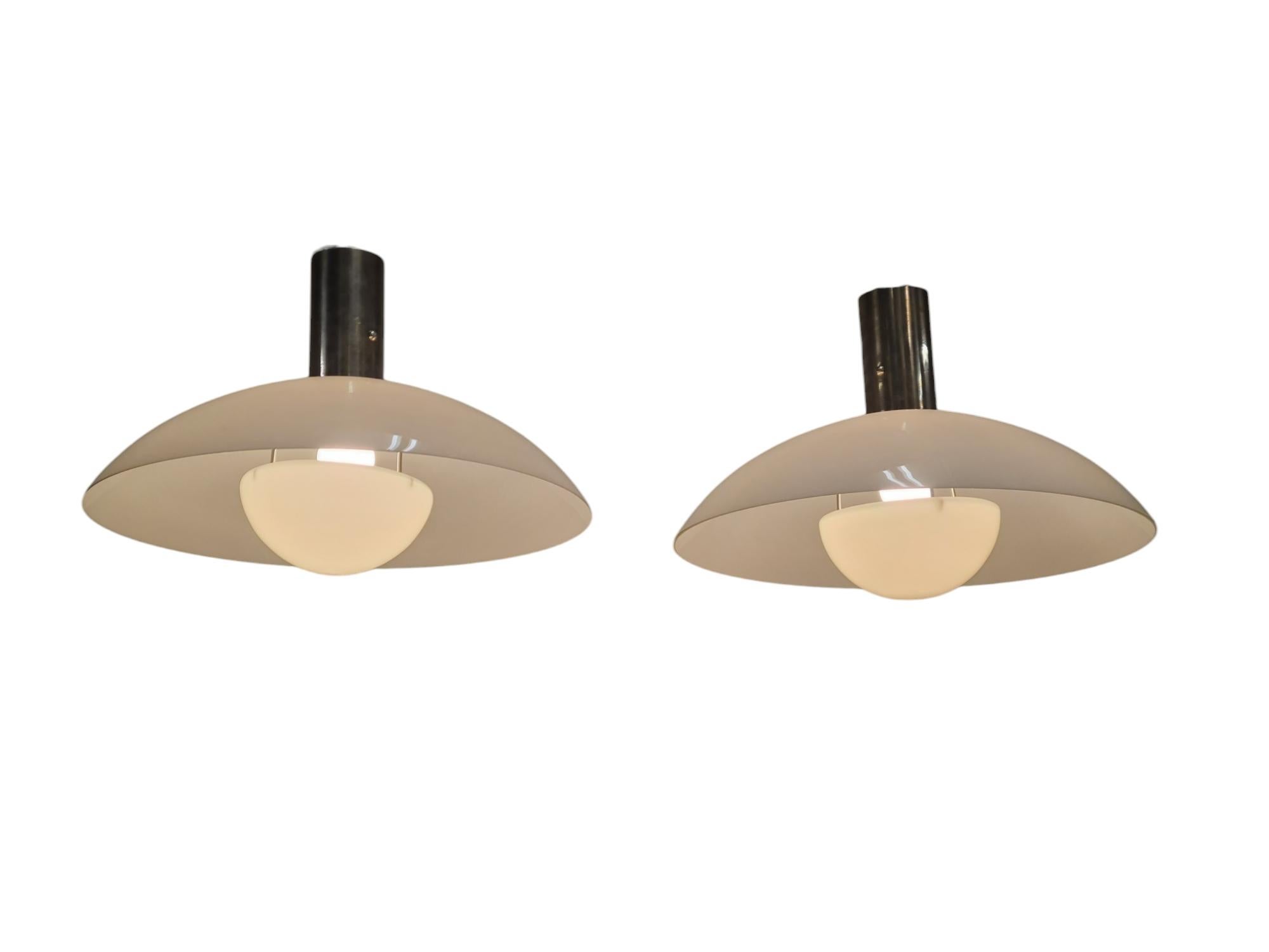 Pair of Paavo Tynell Ceiling Lamps in Chromed Brass & Opaline Glass, Taito 1930s For Sale 2