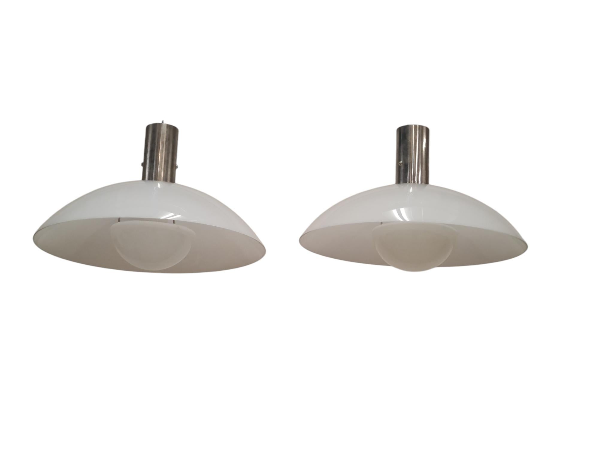 Pair of Paavo Tynell Ceiling Lamps in Chromed Brass & Opaline Glass, Taito 1930s For Sale 3