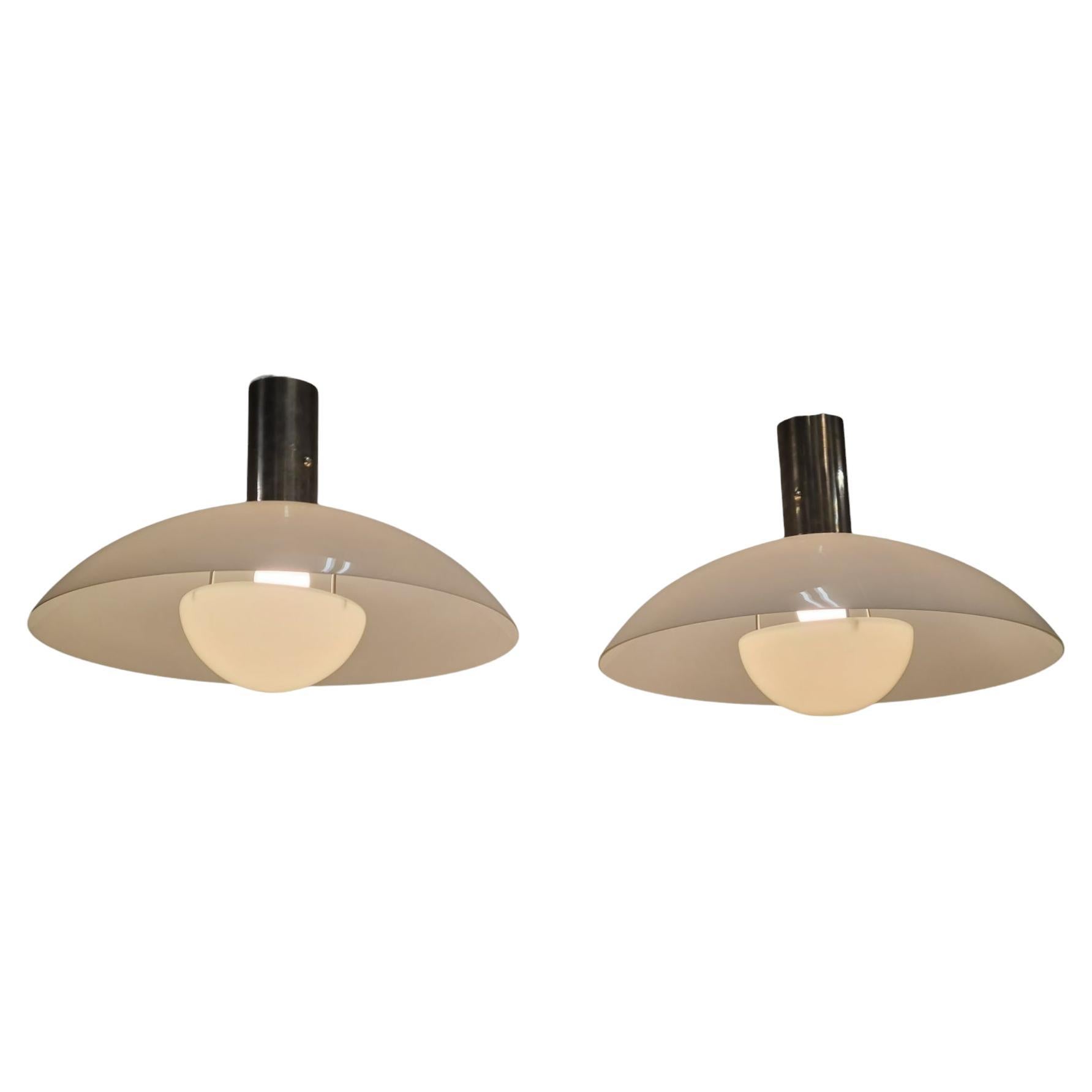 Pair of Paavo Tynell Ceiling Lamps in Chromed Brass & Opaline Glass, Taito 1930s For Sale