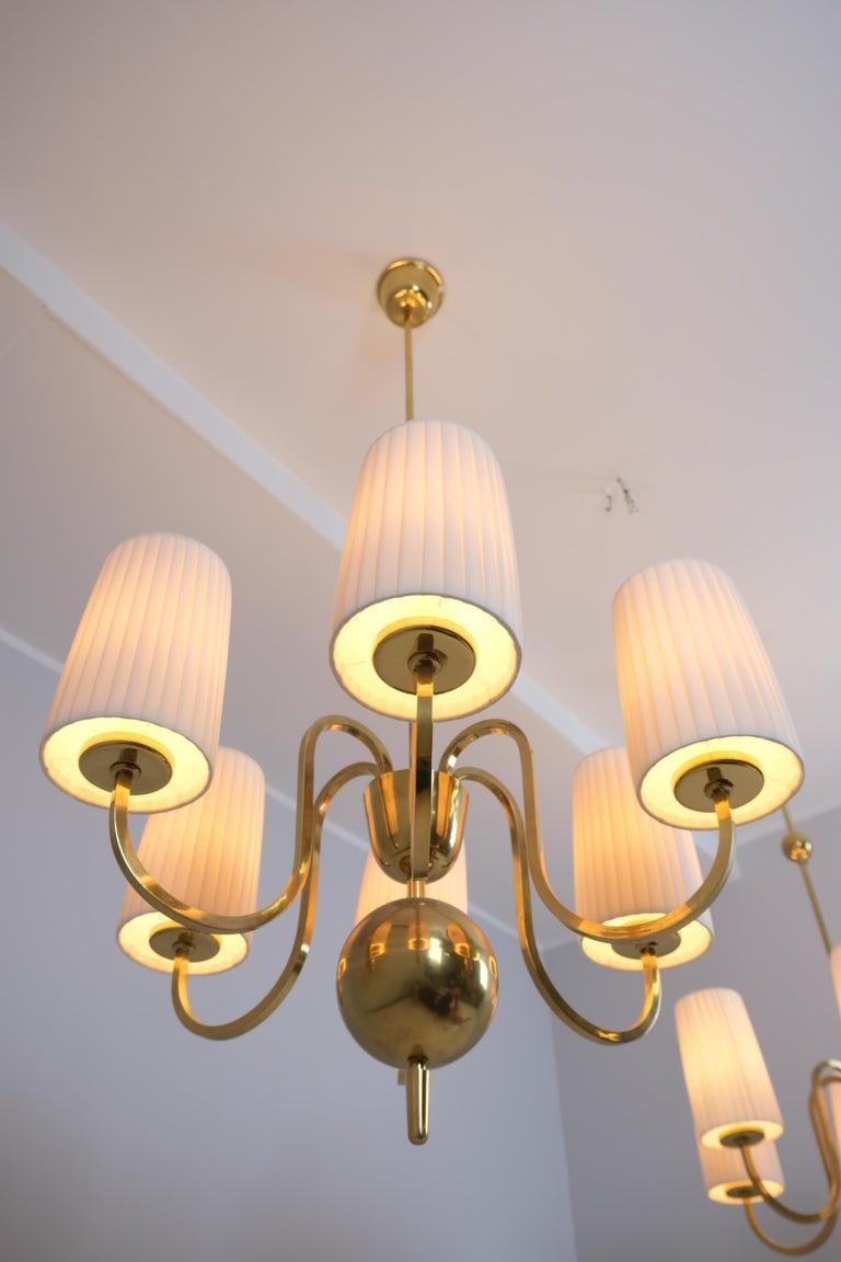 Pair of Paavo Tynell Commissioned Chandeliers in Brass & Fabric, Taito 1940s For Sale 5