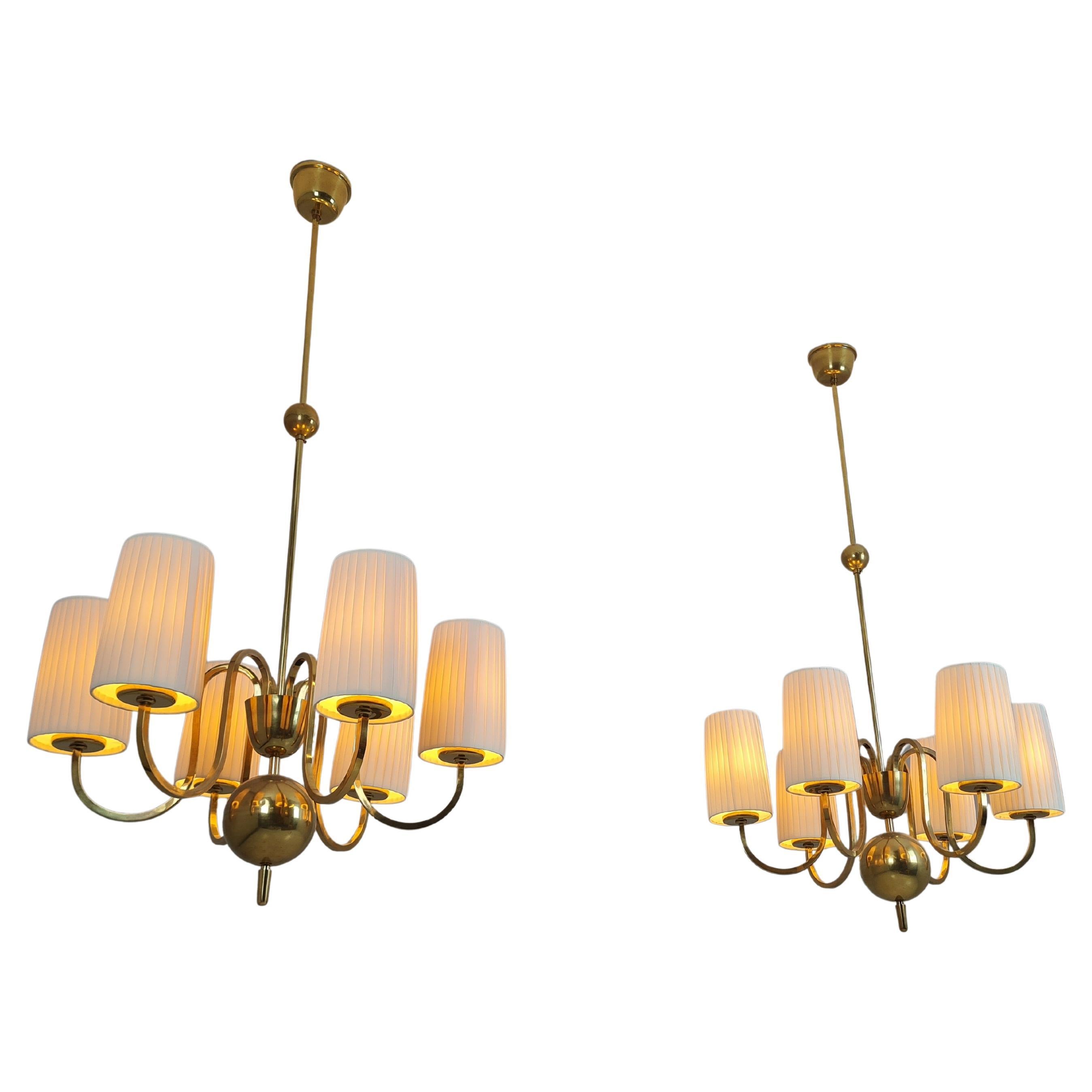 Pair of Paavo Tynell Commissioned Chandeliers in Brass & Fabric, Taito 1940s