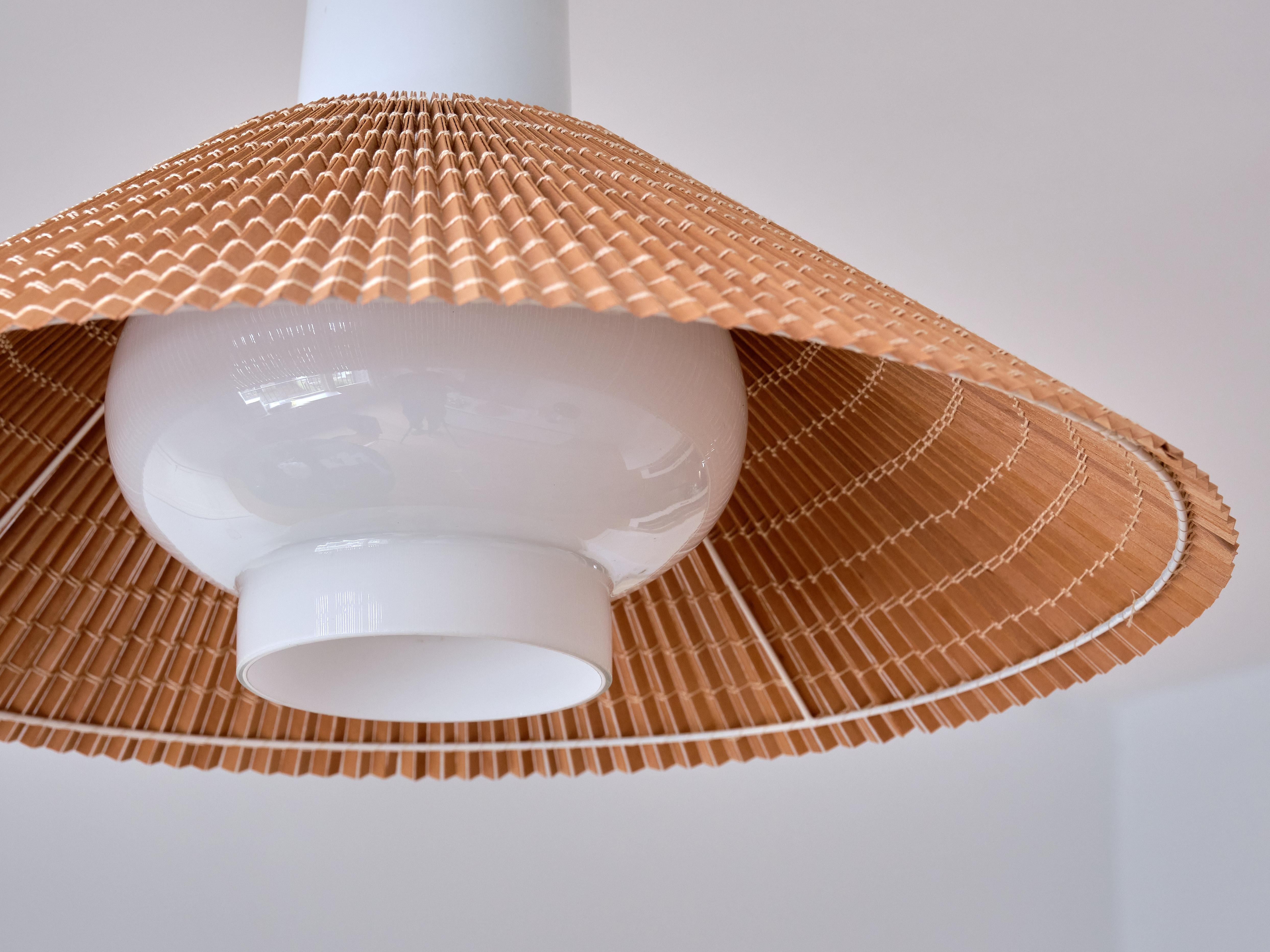Paavo Tynell Pendant in Opal Glass and Lamellar Wood, Idman, 1950s In Excellent Condition In The Hague, NL