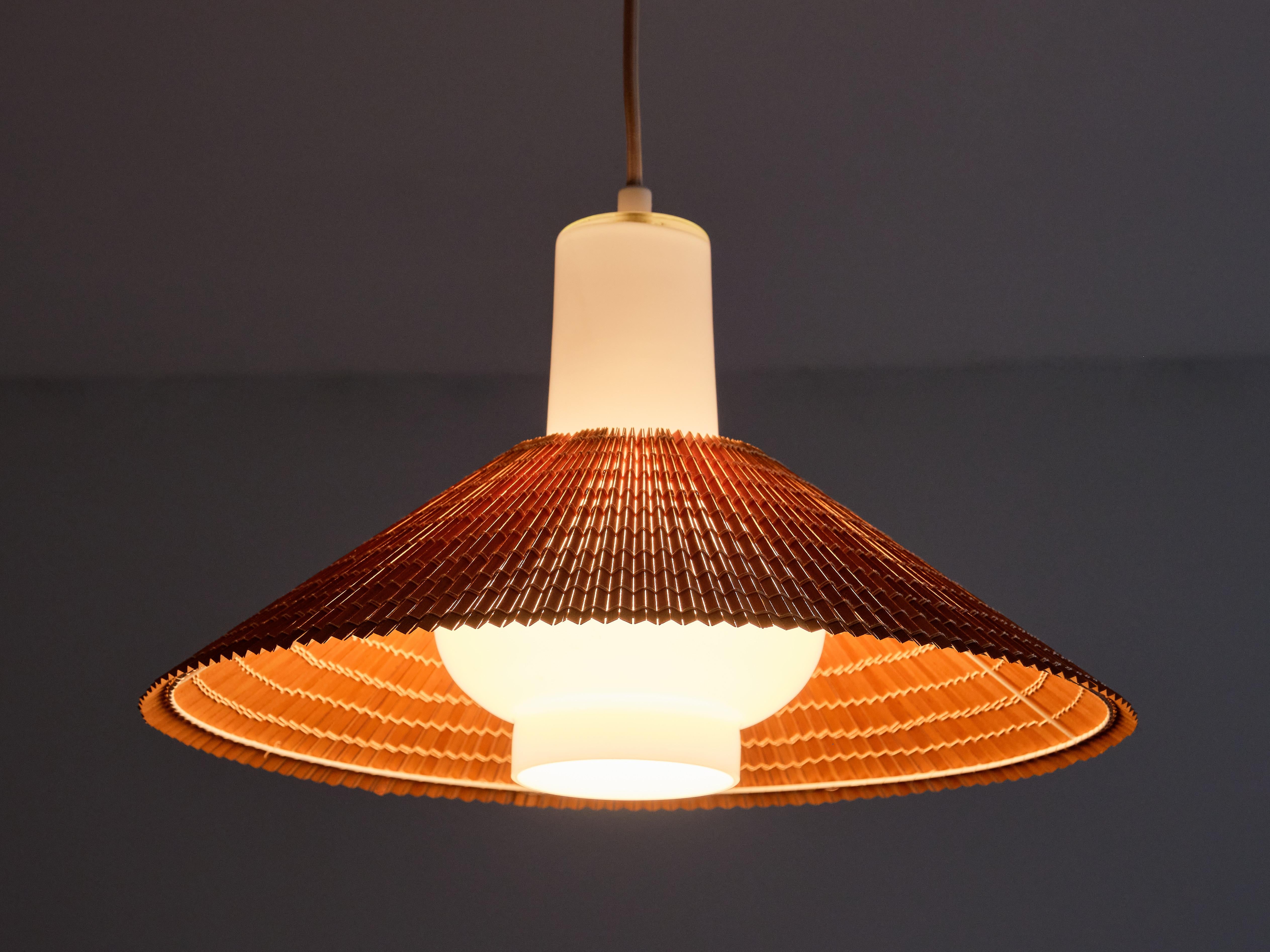 Mid-20th Century Paavo Tynell Pendant in Opal Glass and Lamellar Wood, Idman, 1950s