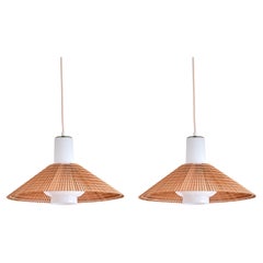 Pair of Paavo Tynell Pendants in Opal Glass and Lamellar Wood, Idman, 1950s