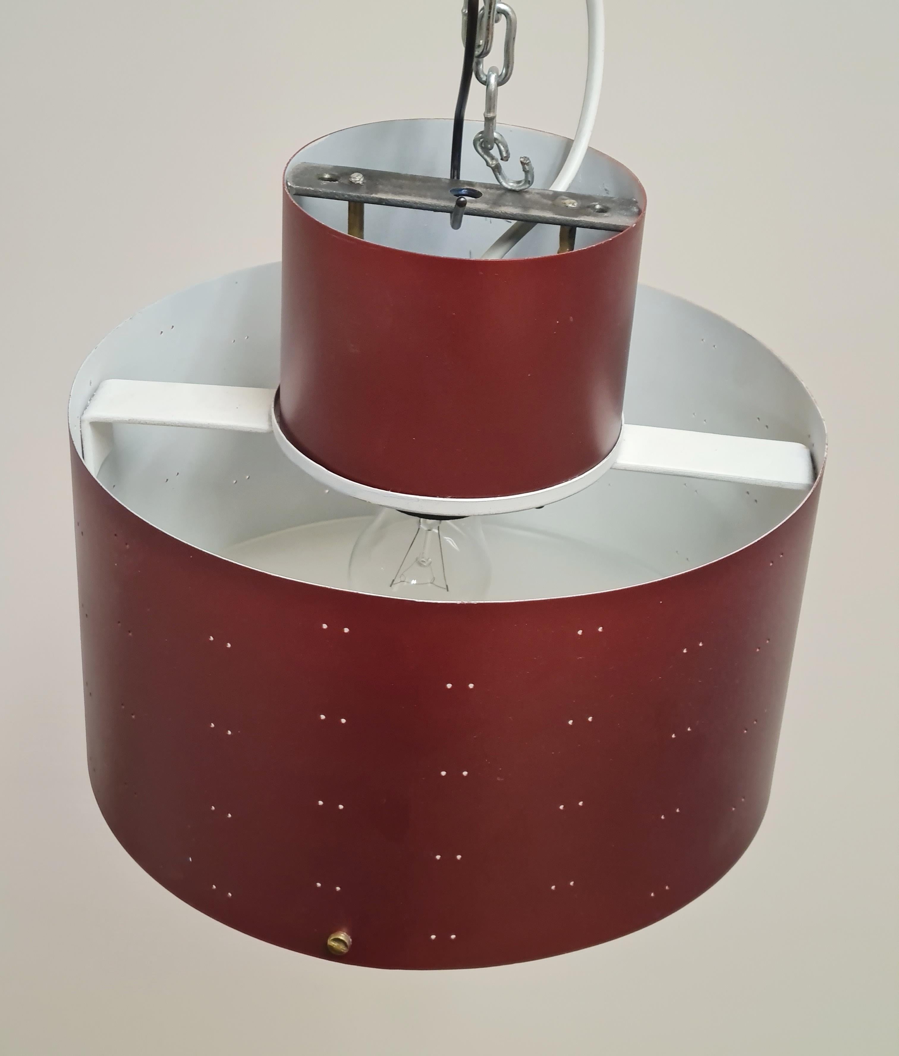 Pair of Paavo Tynell Round Starry Sky Ceiling Lamps 9069, Burgundy, Idman 1950s For Sale 3