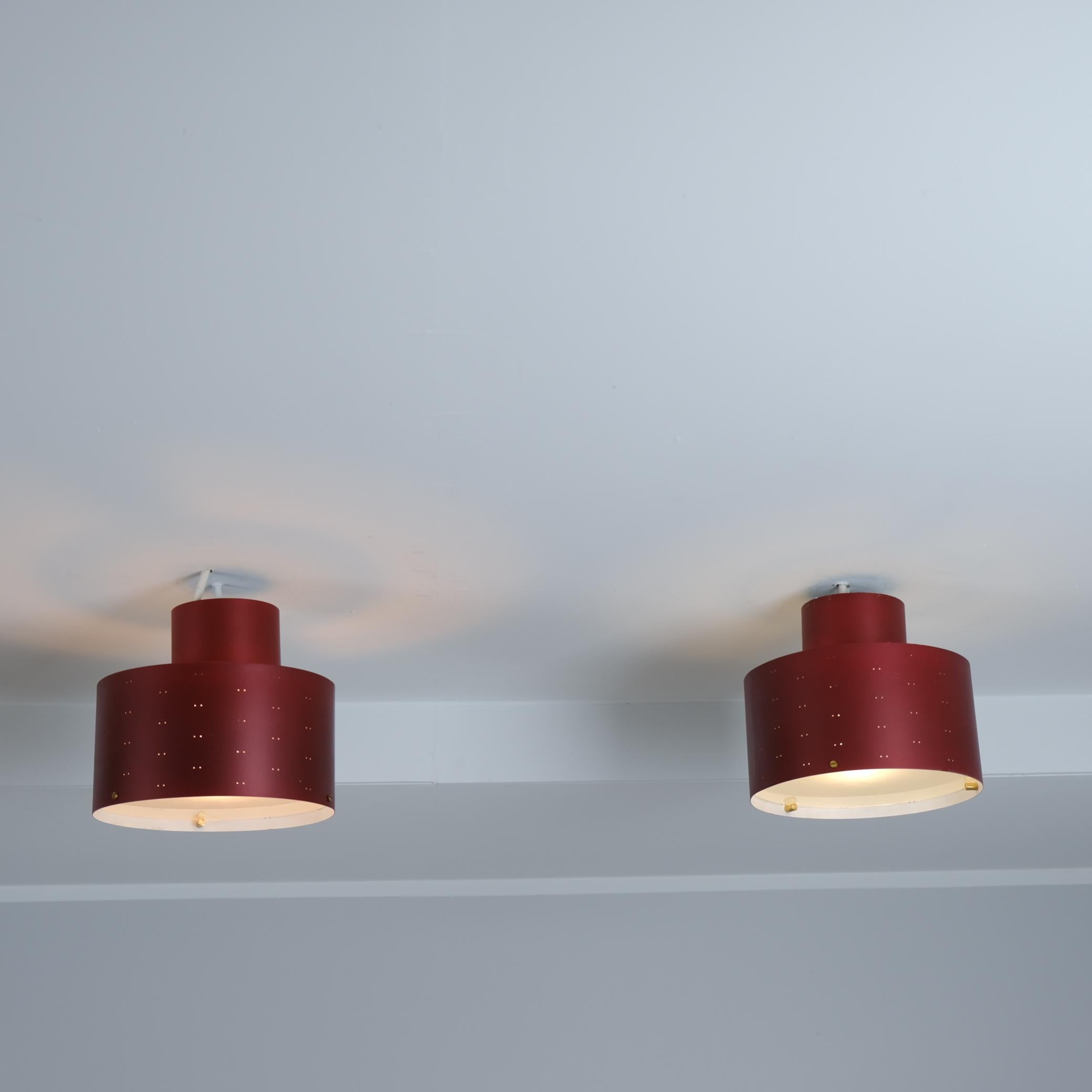 Finnish Pair of Paavo Tynell Round Starry Sky Ceiling Lamps 9069, Burgundy, Idman 1950s For Sale