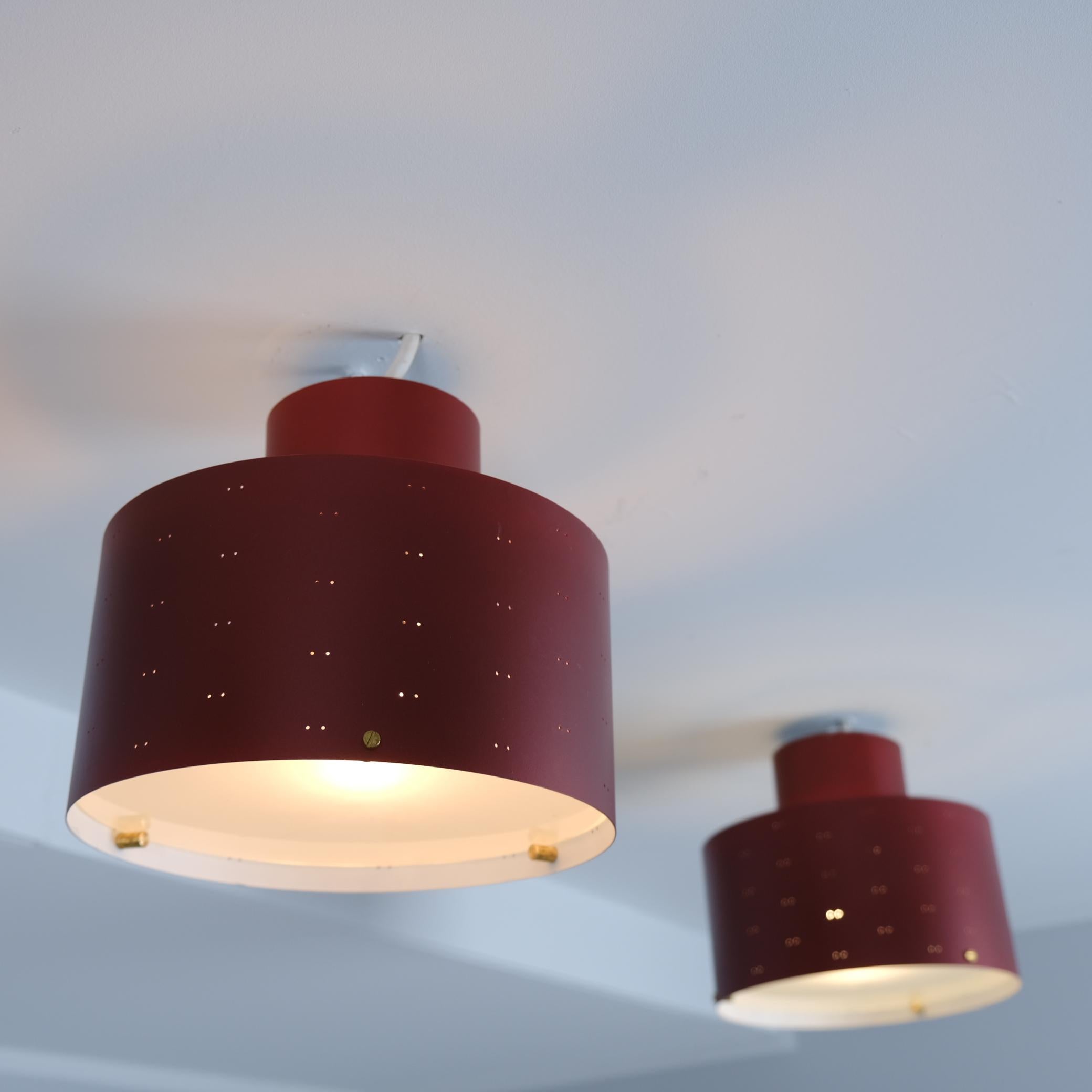 Metal Pair of Paavo Tynell Round Starry Sky Ceiling Lamps 9069, Burgundy, Idman 1950s For Sale