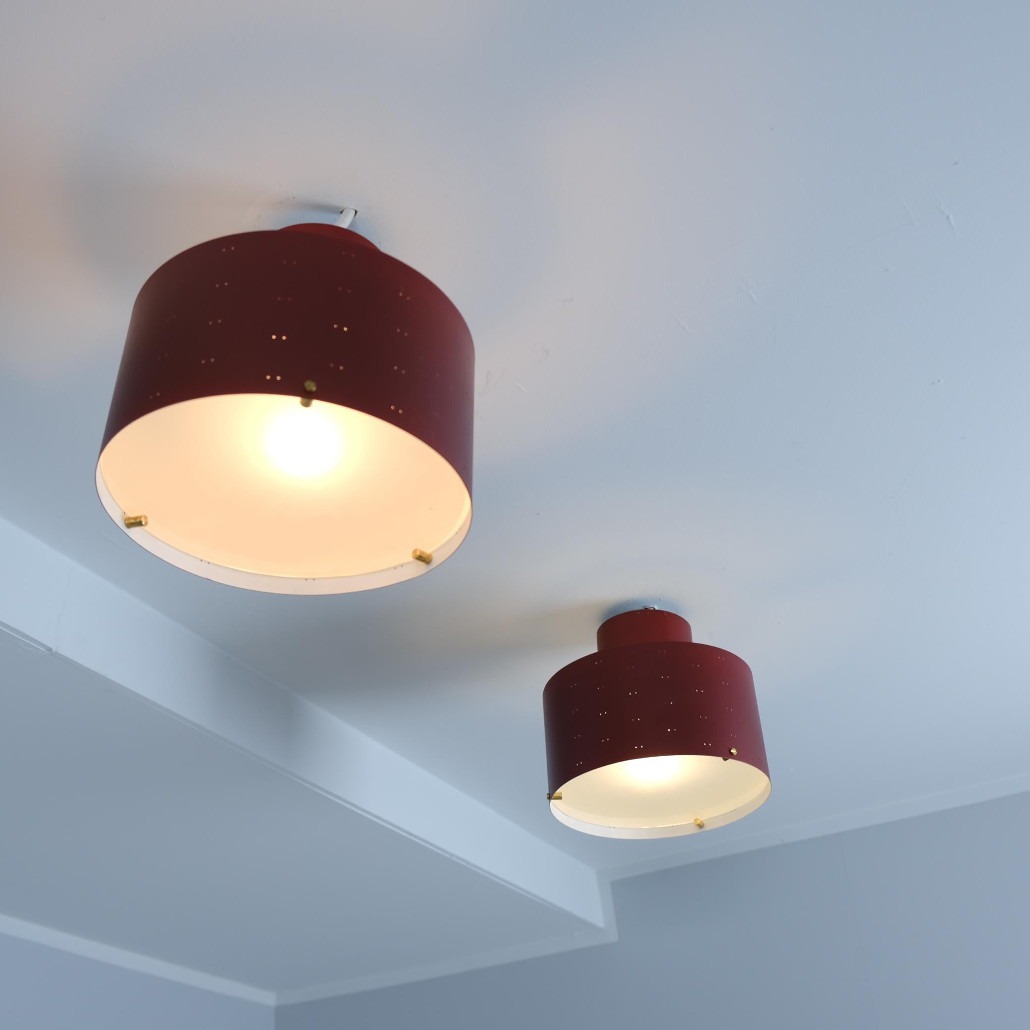 Pair of Paavo Tynell Round Starry Sky Ceiling Lamps 9069, Burgundy, Idman 1950s For Sale 2