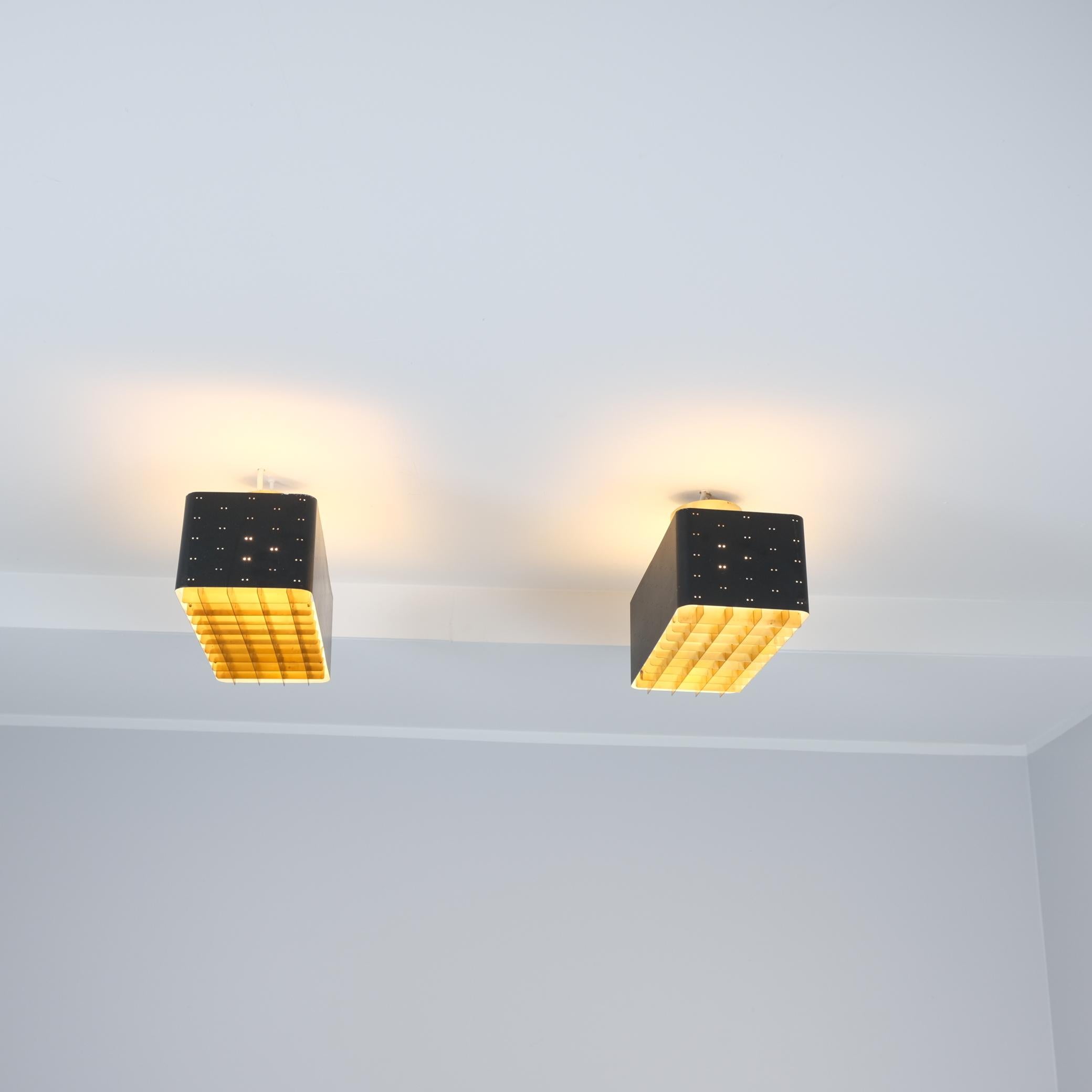 Pair of Paavo Tynell Starry Sky Ceiling Lamps 9068 in Black & Brass, Idman 1950s For Sale 3