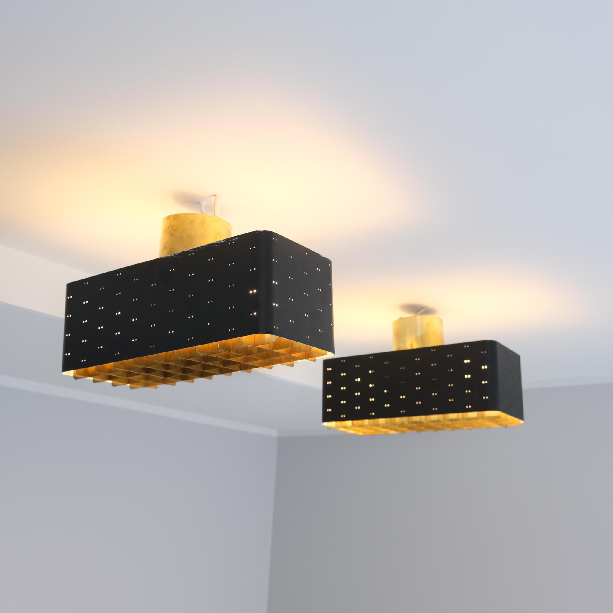 Scandinavian Modern Pair of Paavo Tynell Starry Sky Ceiling Lamps 9068 in Black & Brass, Idman 1950s For Sale