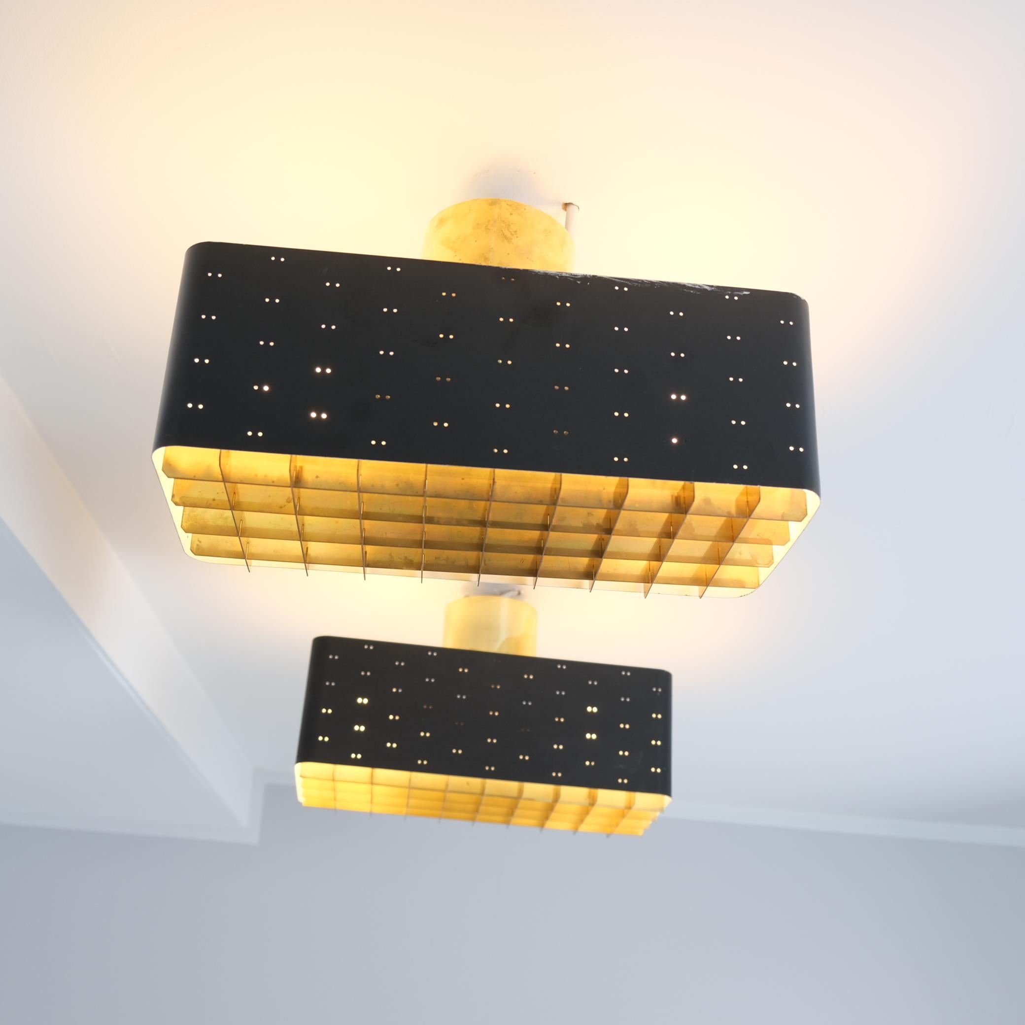 Finnish Pair of Paavo Tynell Starry Sky Ceiling Lamps 9068 in Black & Brass, Idman 1950s For Sale