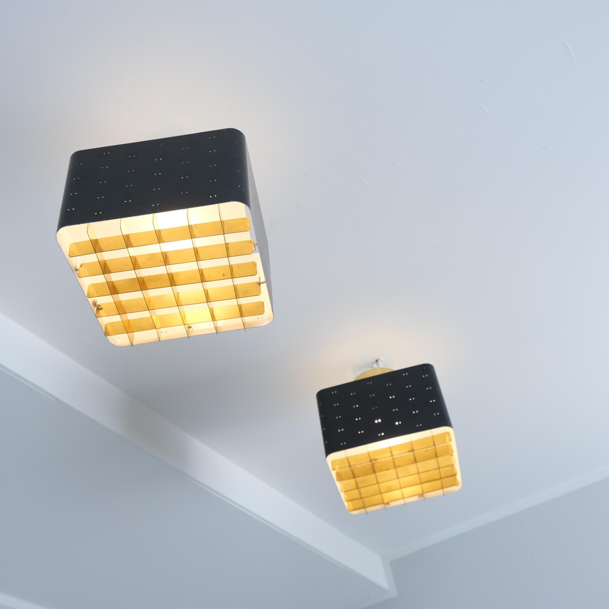 Pair of Paavo Tynell Starry Sky Ceiling Lamps 9068 In Black & Brass, Idman 1960s For Sale 2
