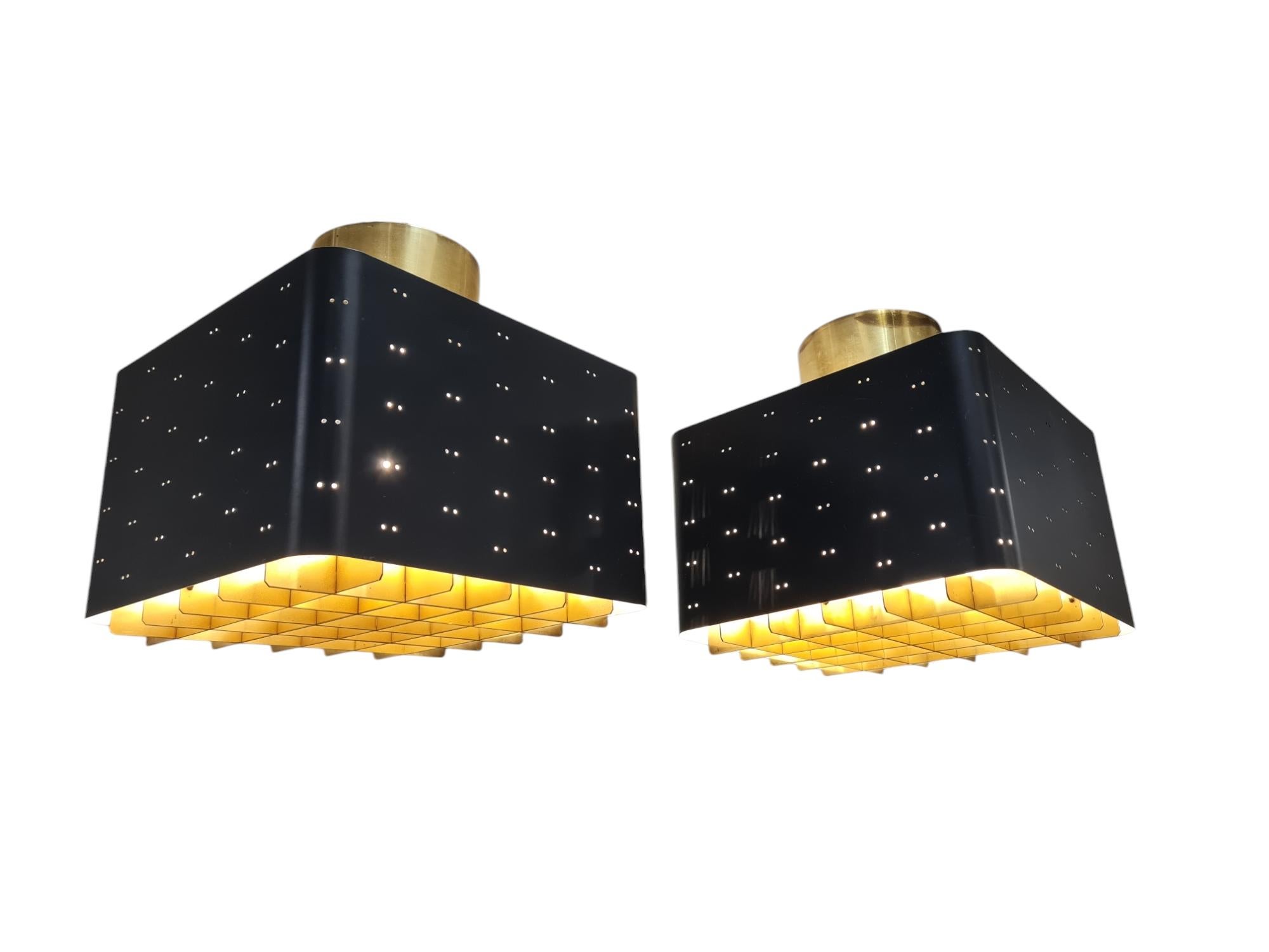 Pair of Paavo Tynell Starry Sky Ceiling Lamps 9068 In Black & Brass, Idman 1960s For Sale 3