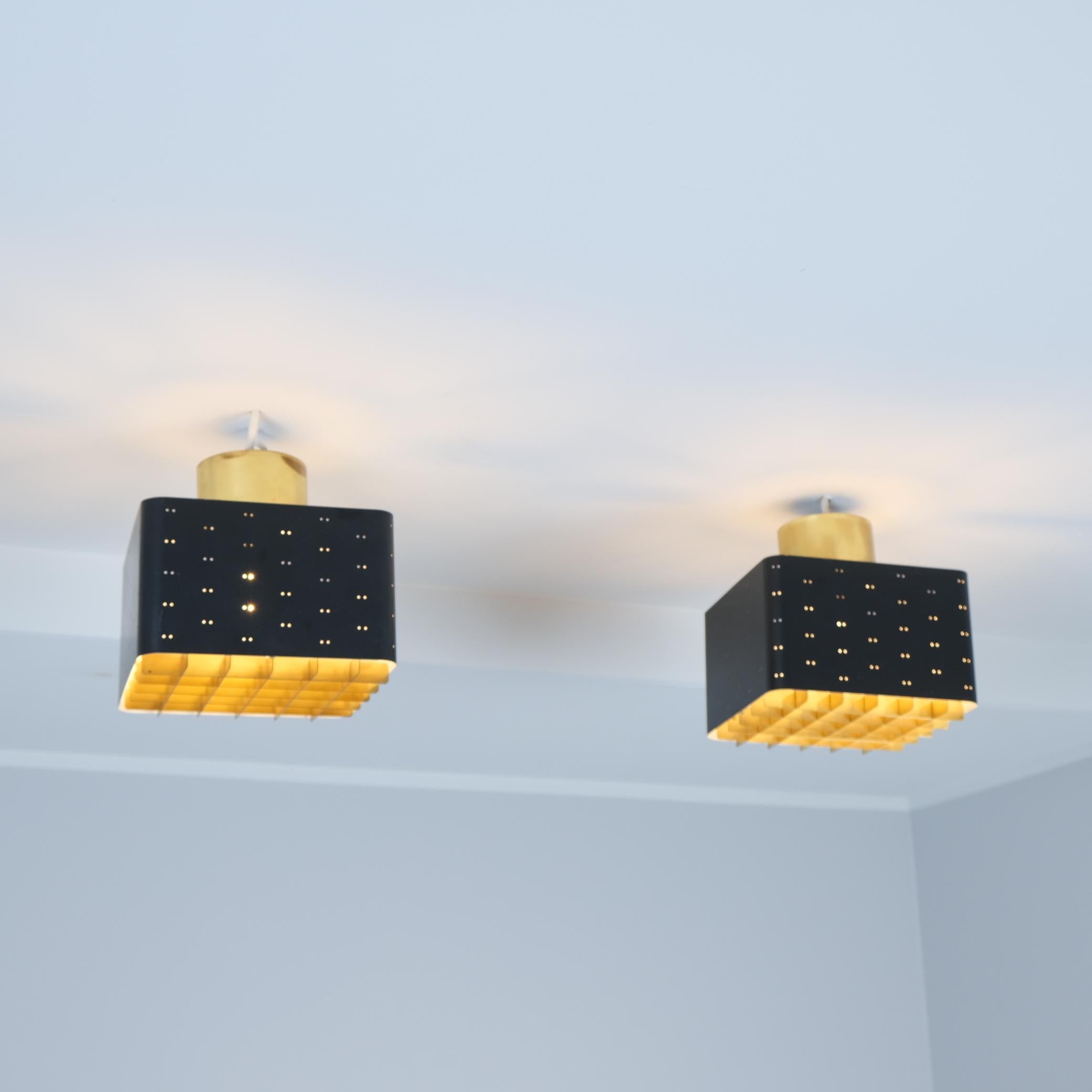 Pair of Paavo Tynell Starry Sky Ceiling Lamps 9068 In Black & Brass, Idman 1960s For Sale 3