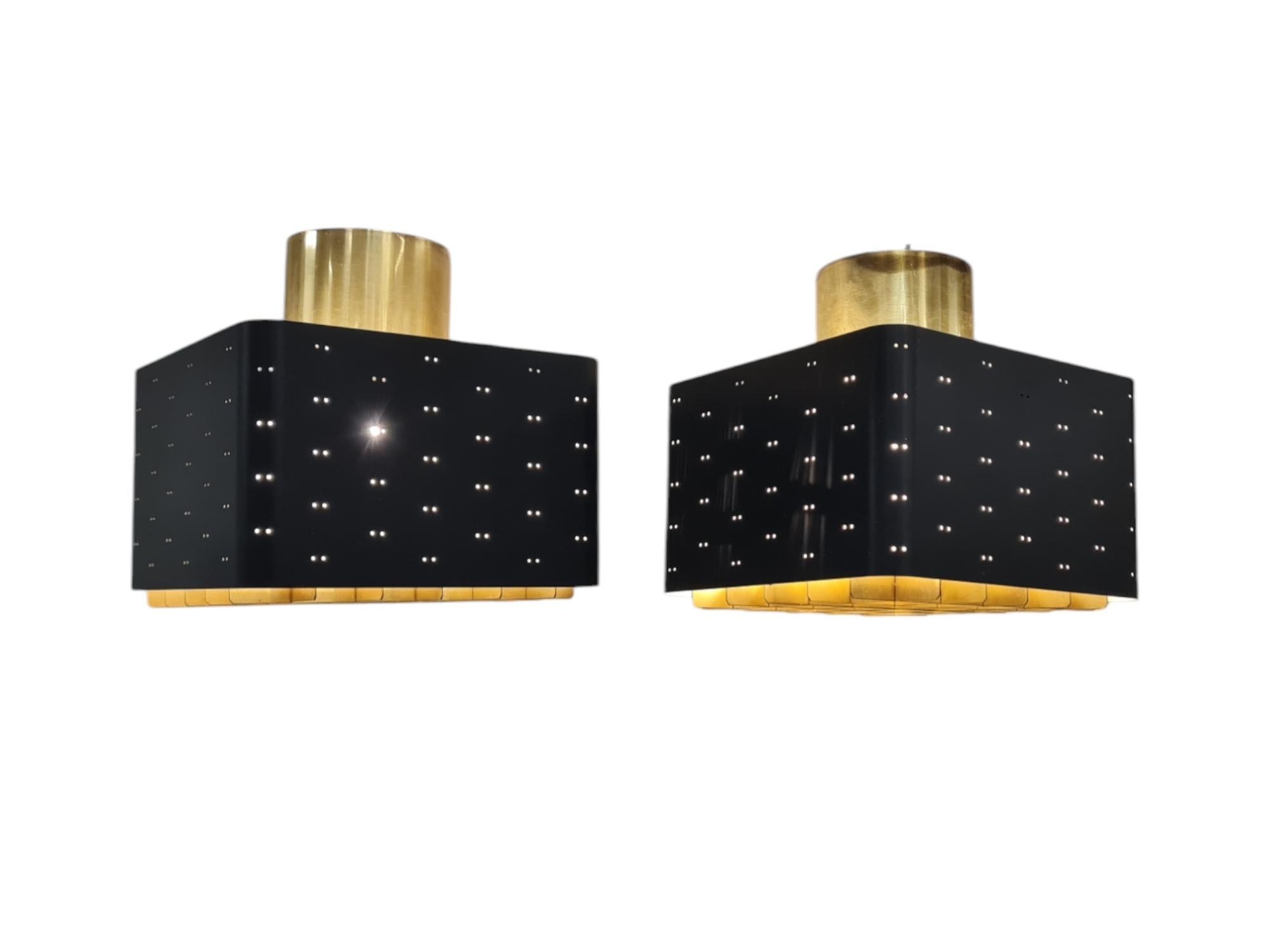 Pair of Paavo Tynell Starry Sky Ceiling Lamps 9068 In Black & Brass, Idman 1960s For Sale 4