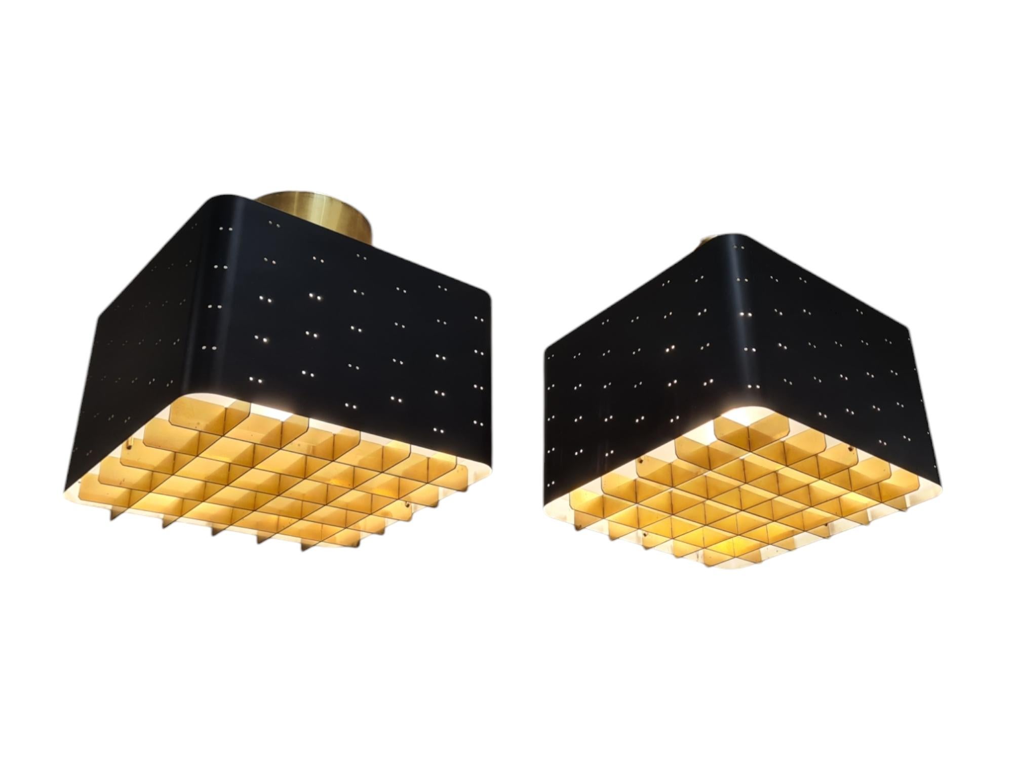 Pair of Paavo Tynell Starry Sky Ceiling Lamps 9068 In Black & Brass, Idman 1960s For Sale 5