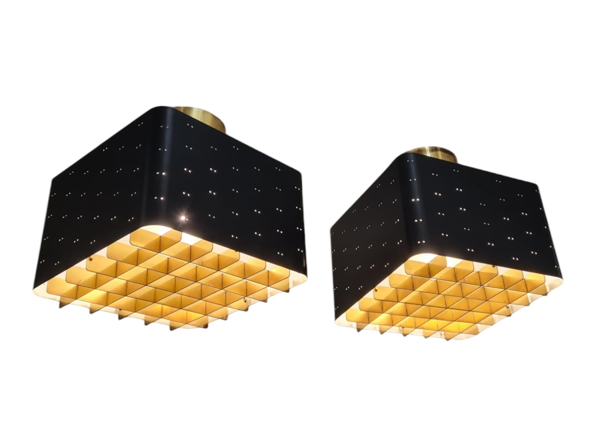 Pair of Paavo Tynell Starry Sky Ceiling Lamps 9068 In Black & Brass, Idman 1960s For Sale 6