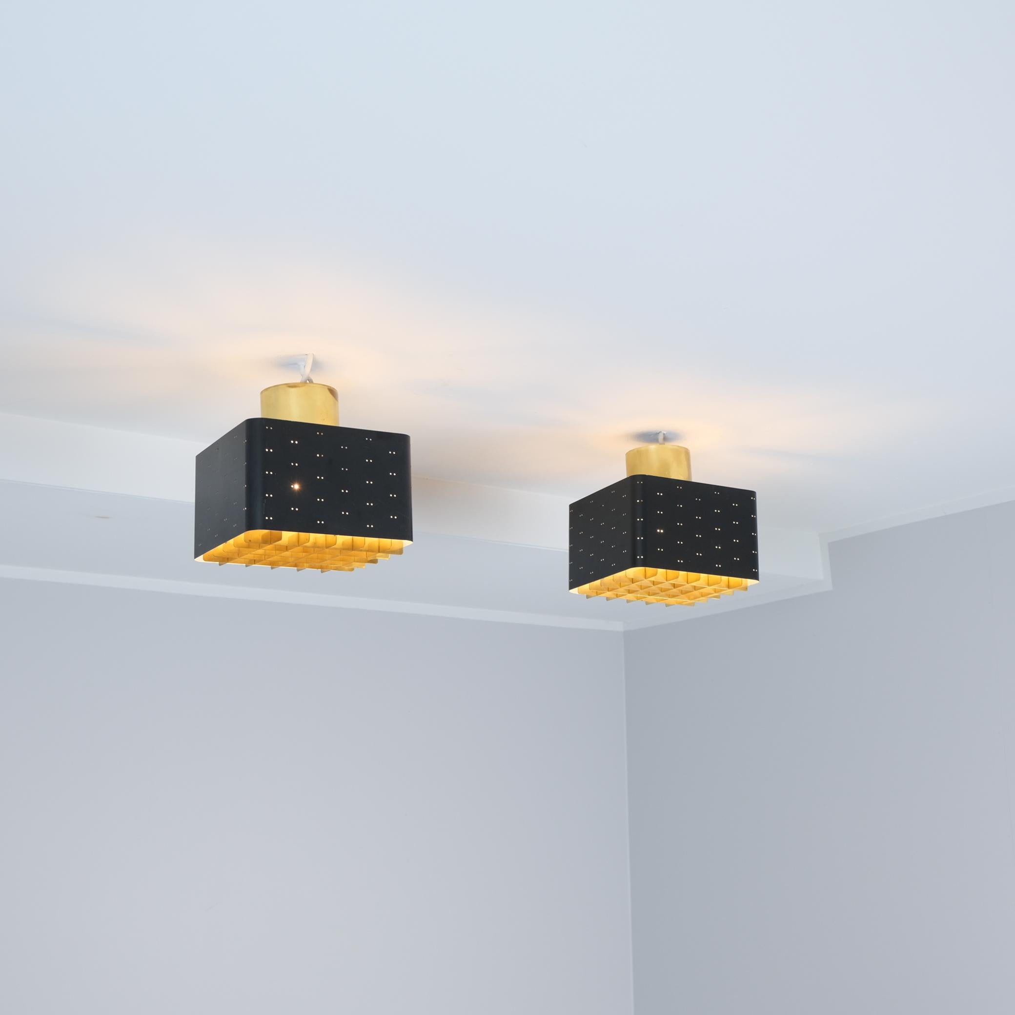 Pair of Paavo Tynell Starry Sky Ceiling Lamps 9068 In Black & Brass, Idman 1960s For Sale 6