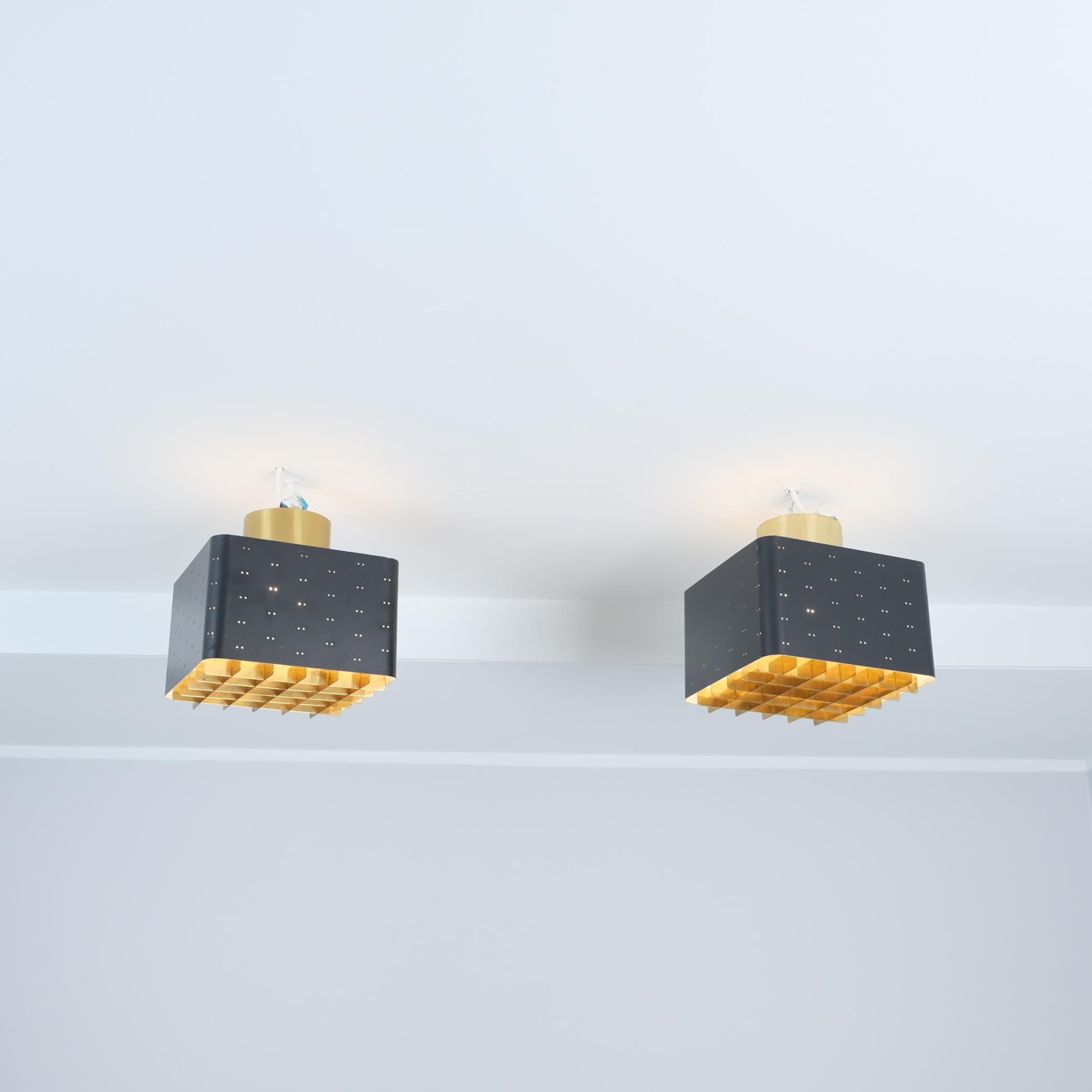 Pair of Paavo Tynell Starry Sky Ceiling Lamps 9068 In Black & Brass, Idman 1960s For Sale 7