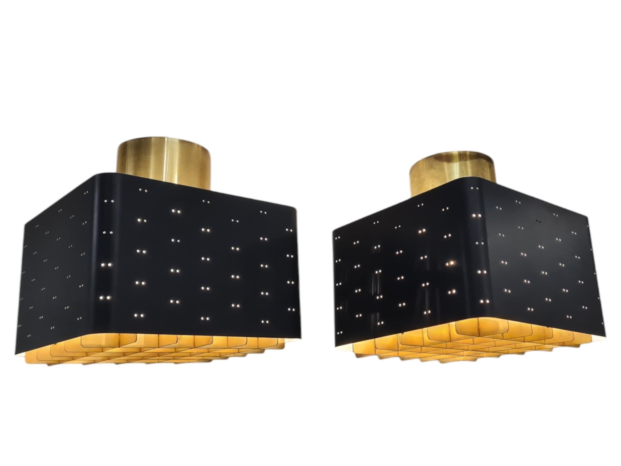 Mid-Century Modern Pair of Paavo Tynell Starry Sky Ceiling Lamps 9068 In Black & Brass, Idman 1960s For Sale