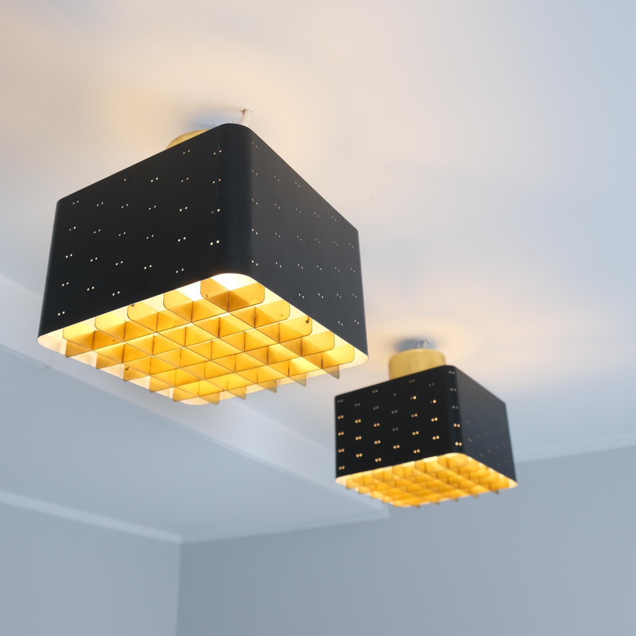 Mid-Century Modern Pair of Paavo Tynell Starry Sky Ceiling Lamps 9068 In Black & Brass, Idman 1960s For Sale