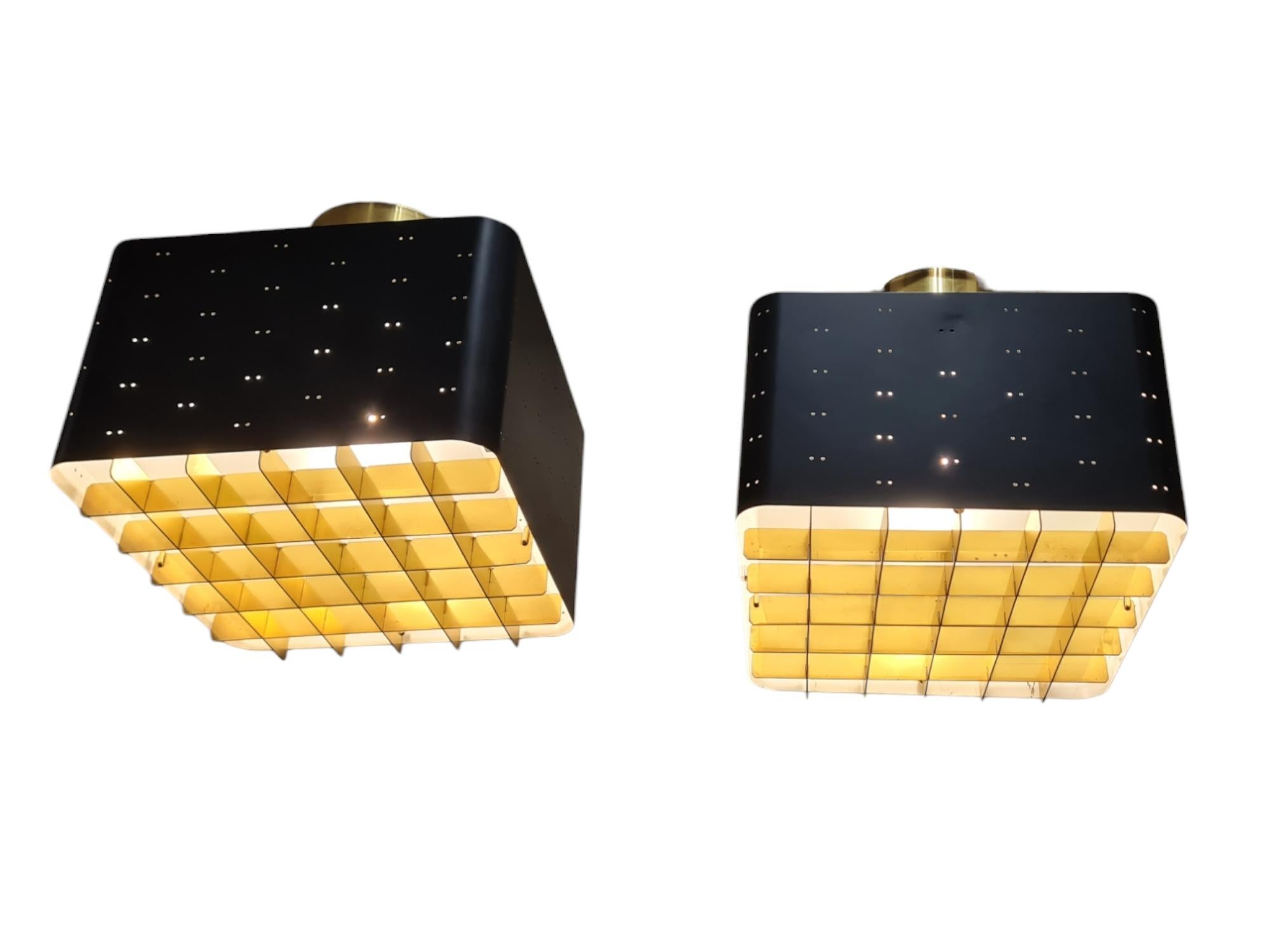 Finnish Pair of Paavo Tynell Starry Sky Ceiling Lamps 9068 In Black & Brass, Idman 1960s For Sale