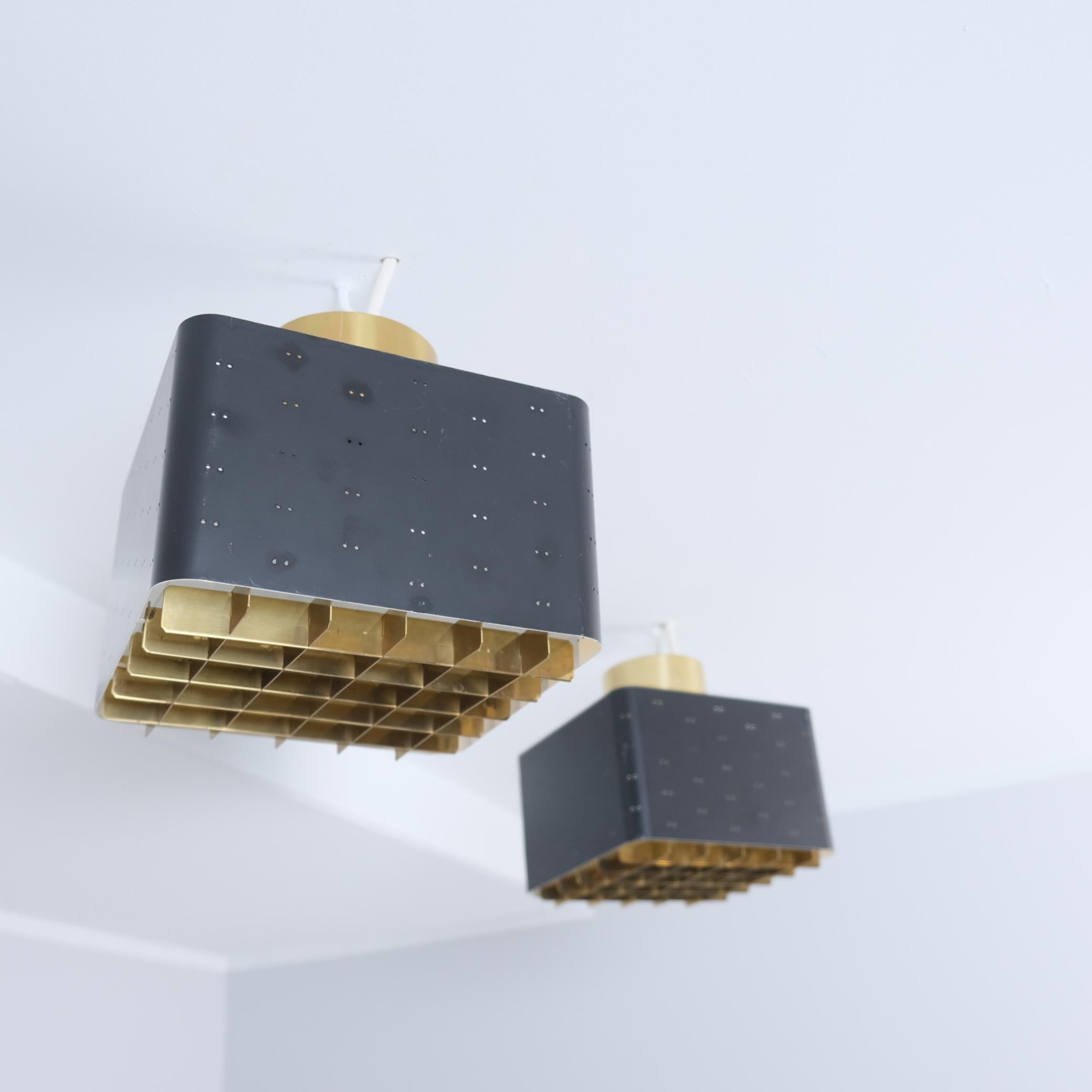 Finnish Pair of Paavo Tynell Starry Sky Ceiling Lamps 9068 In Black & Brass, Idman 1960s For Sale