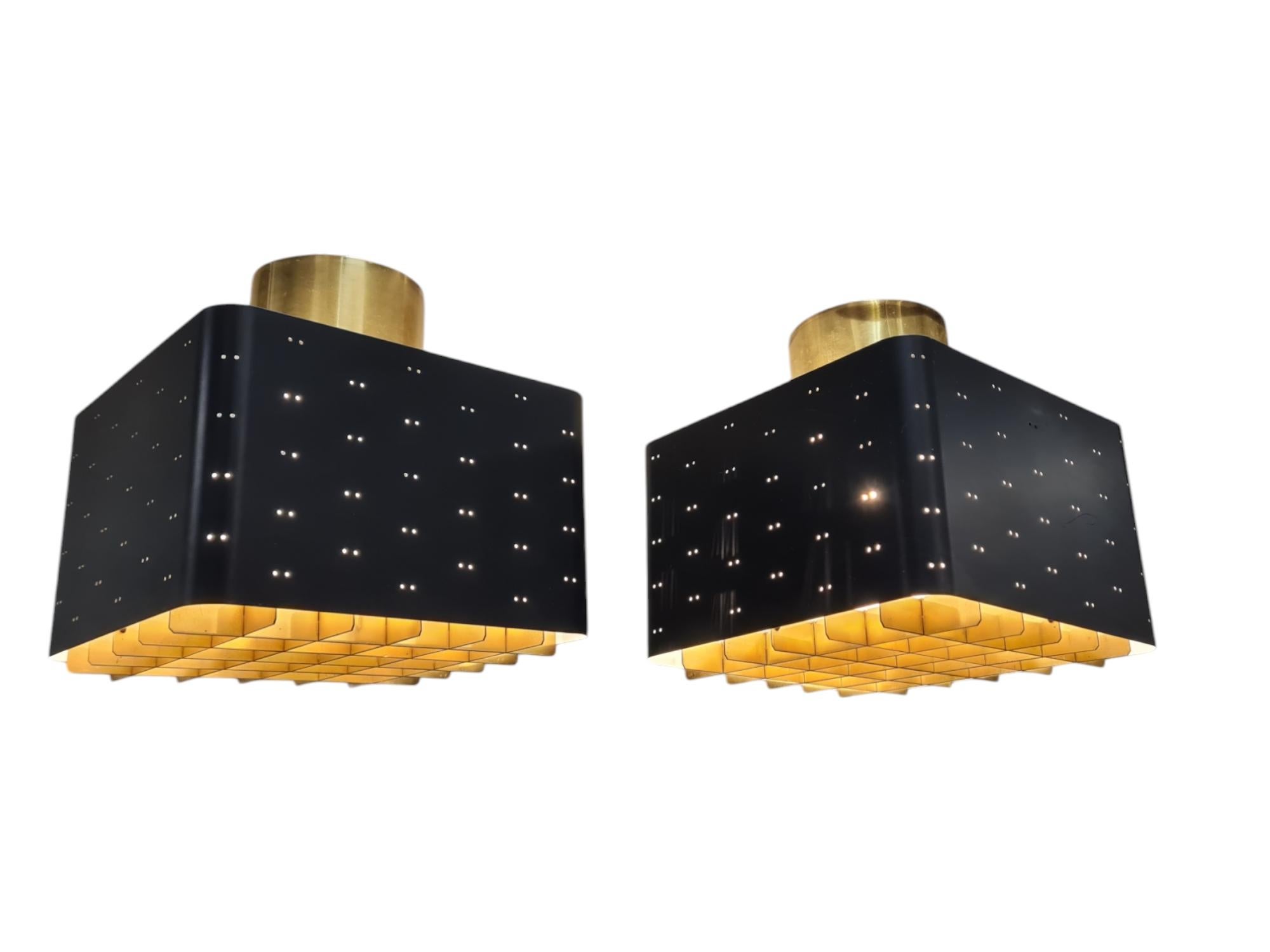 Mid-20th Century Pair of Paavo Tynell Starry Sky Ceiling Lamps 9068 In Black & Brass, Idman 1960s For Sale