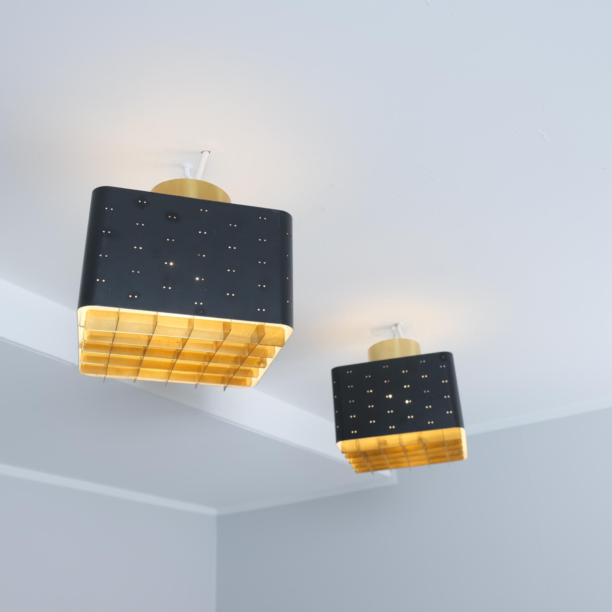 Mid-20th Century Pair of Paavo Tynell Starry Sky Ceiling Lamps 9068 In Black & Brass, Idman 1960s For Sale