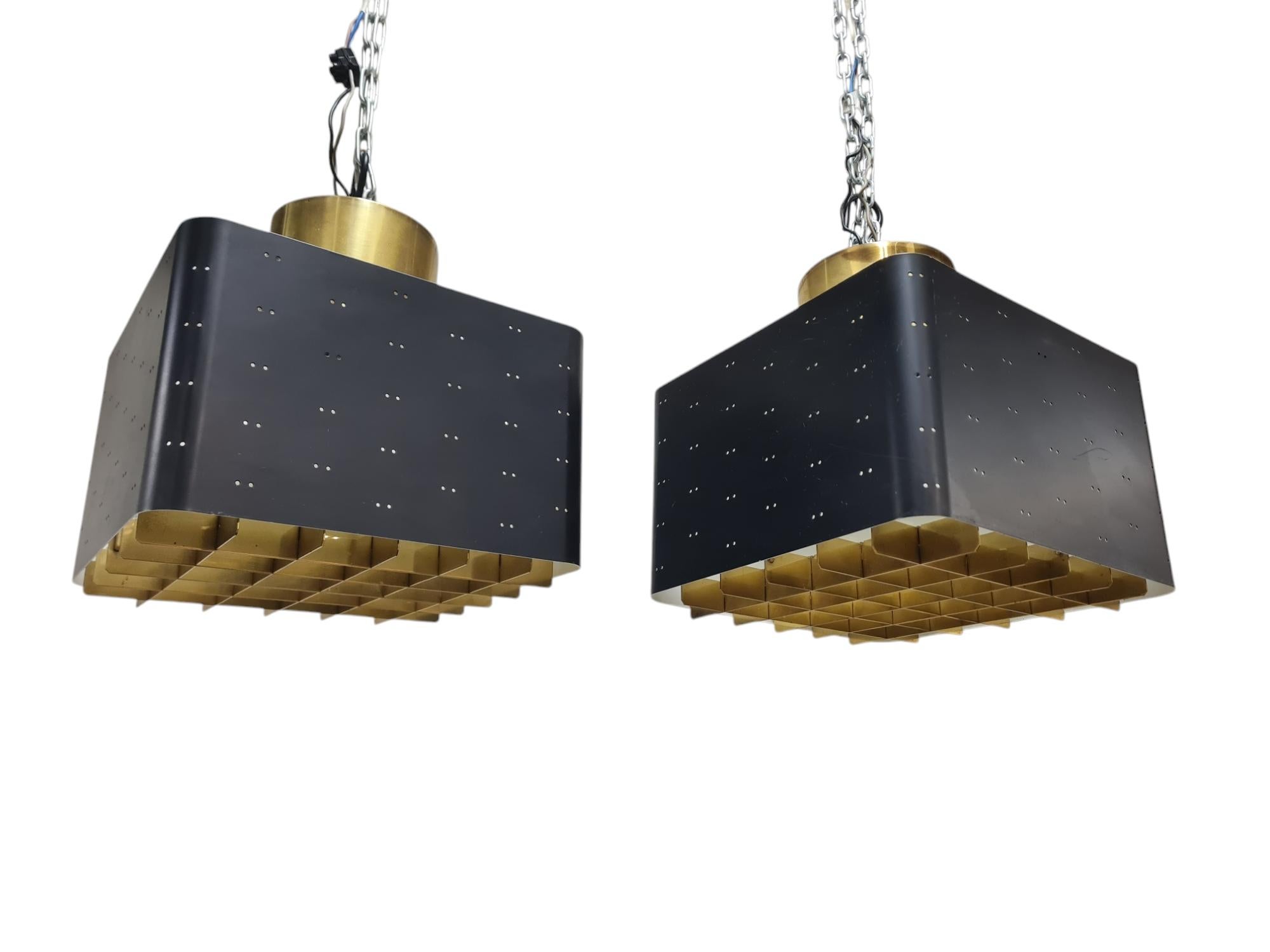 Pair of Paavo Tynell Starry Sky Ceiling Lamps 9068 In Black & Brass, Idman 1960s For Sale 1