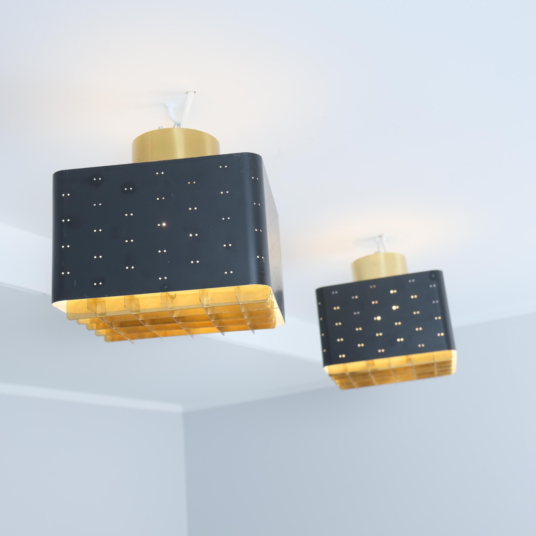 Pair of Paavo Tynell Starry Sky Ceiling Lamps 9068 In Black & Brass, Idman 1960s For Sale 1