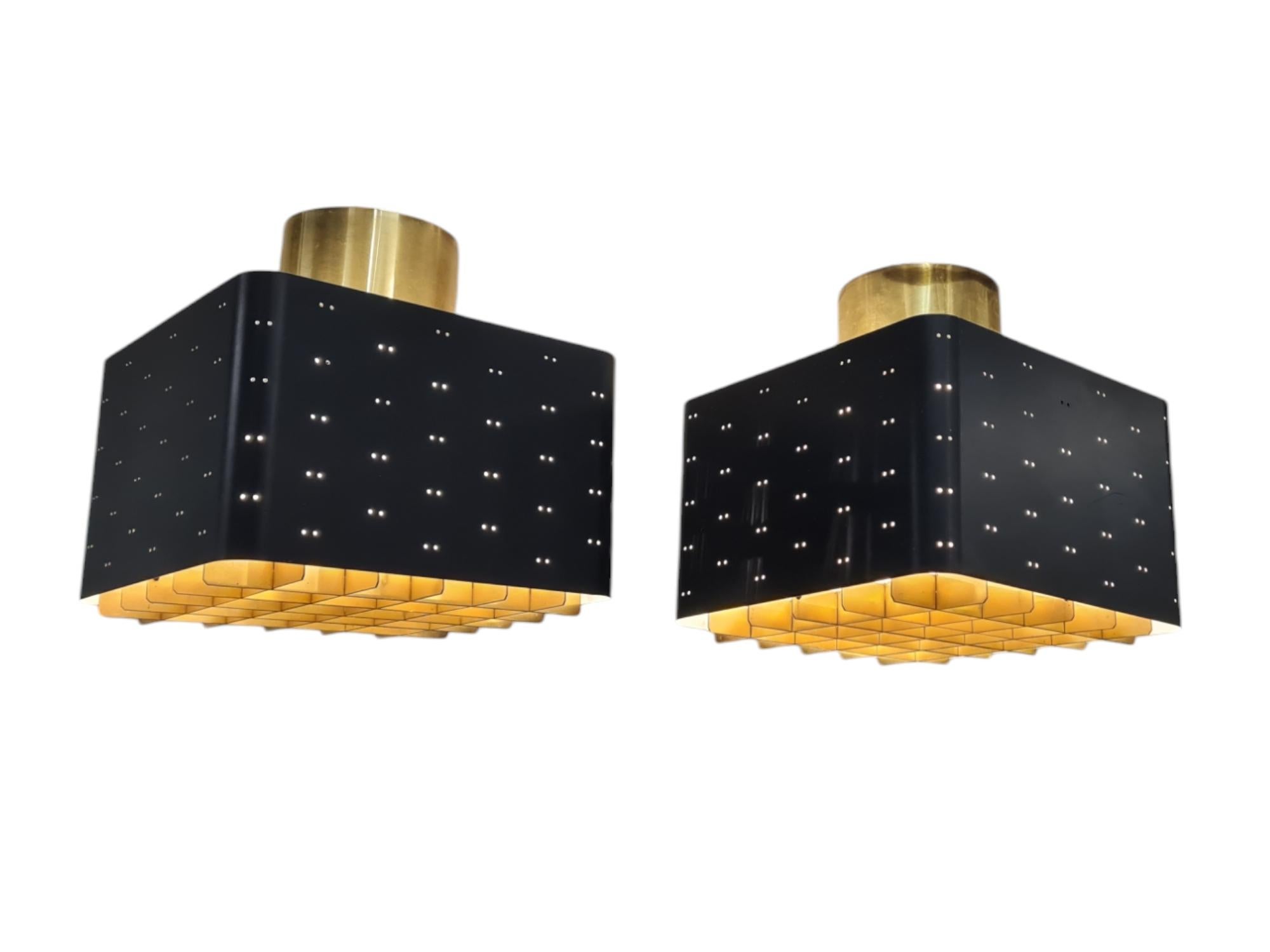Pair of Paavo Tynell Starry Sky Ceiling Lamps 9068 In Black & Brass, Idman 1960s For Sale 2