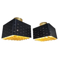 Pair of Paavo Tynell Starry Sky Ceiling Lamps 9068 In Black & Brass, Idman 1960s