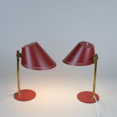Pair of Paavo Tynell Table Lamps Model 9227 in Red and Brass, Idman 1950s