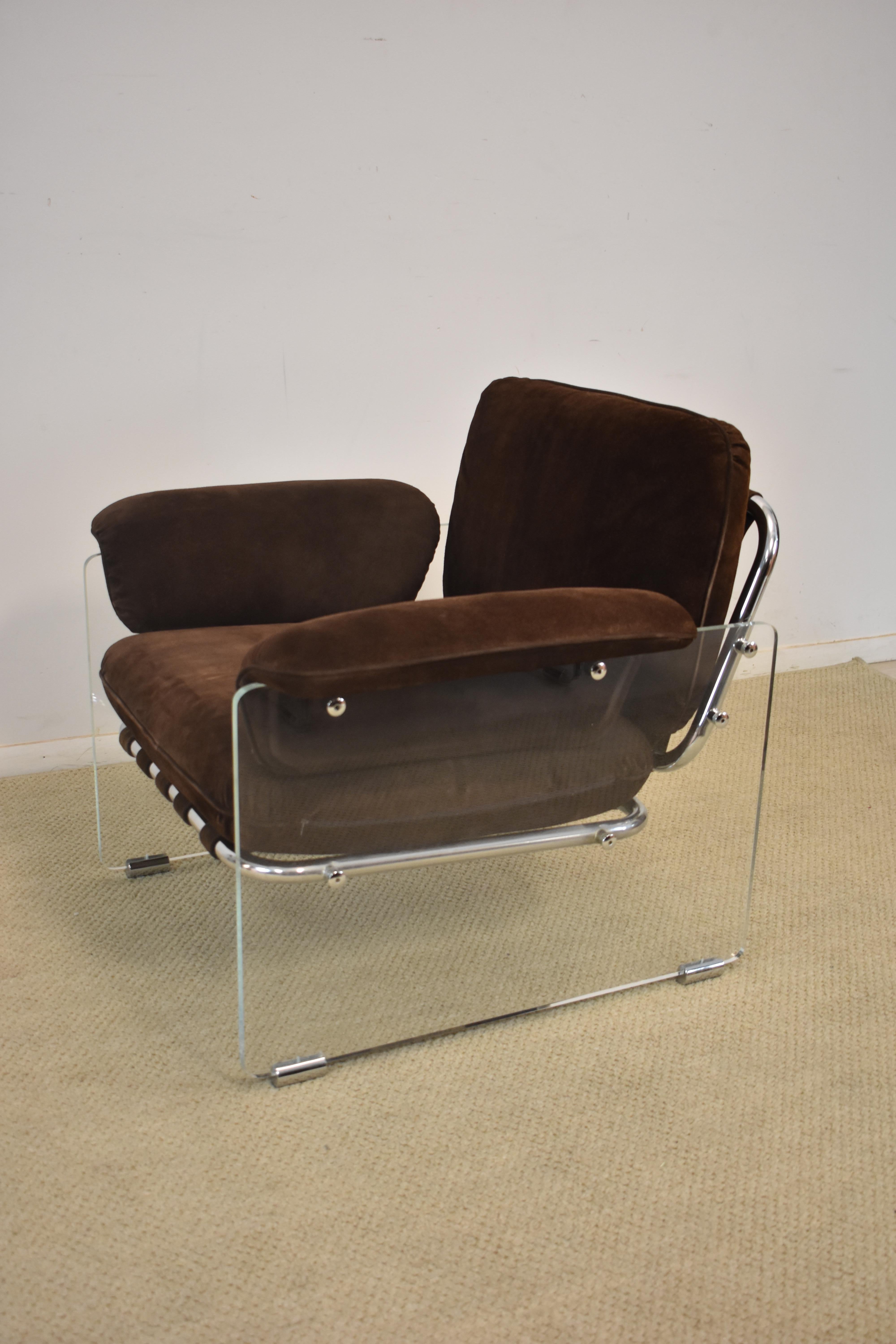 American Pair of Pace Argenta Italian Suede, Lucite and Chrome Chairs