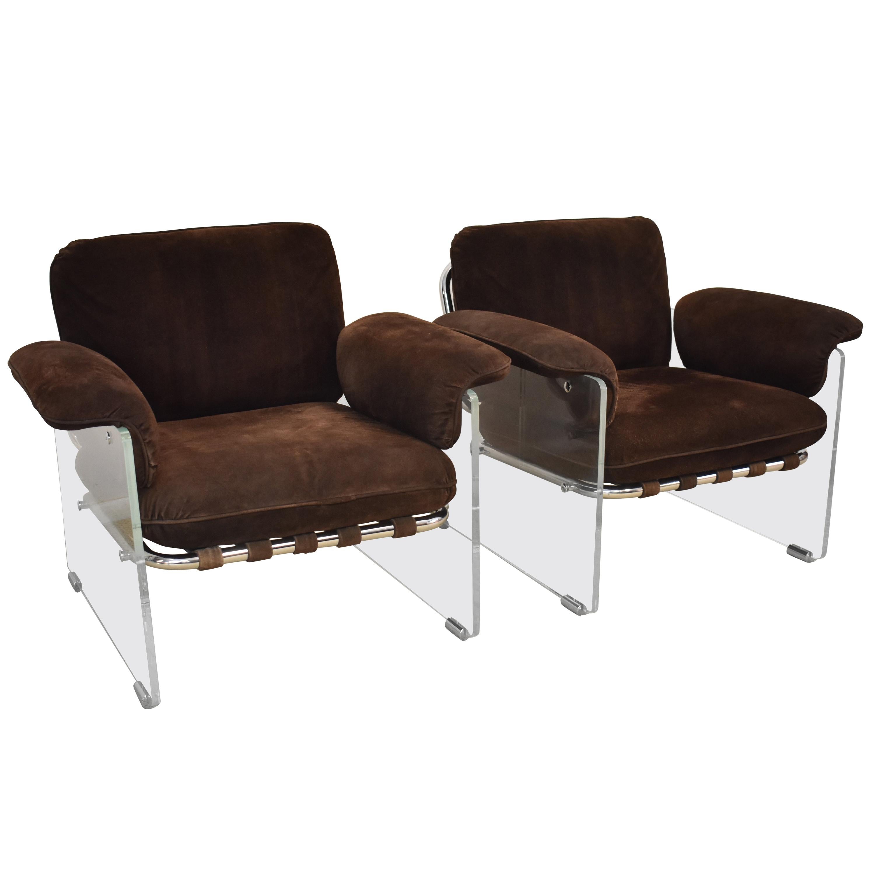 Pair of Pace Argenta Italian Suede, Lucite and Chrome Chairs