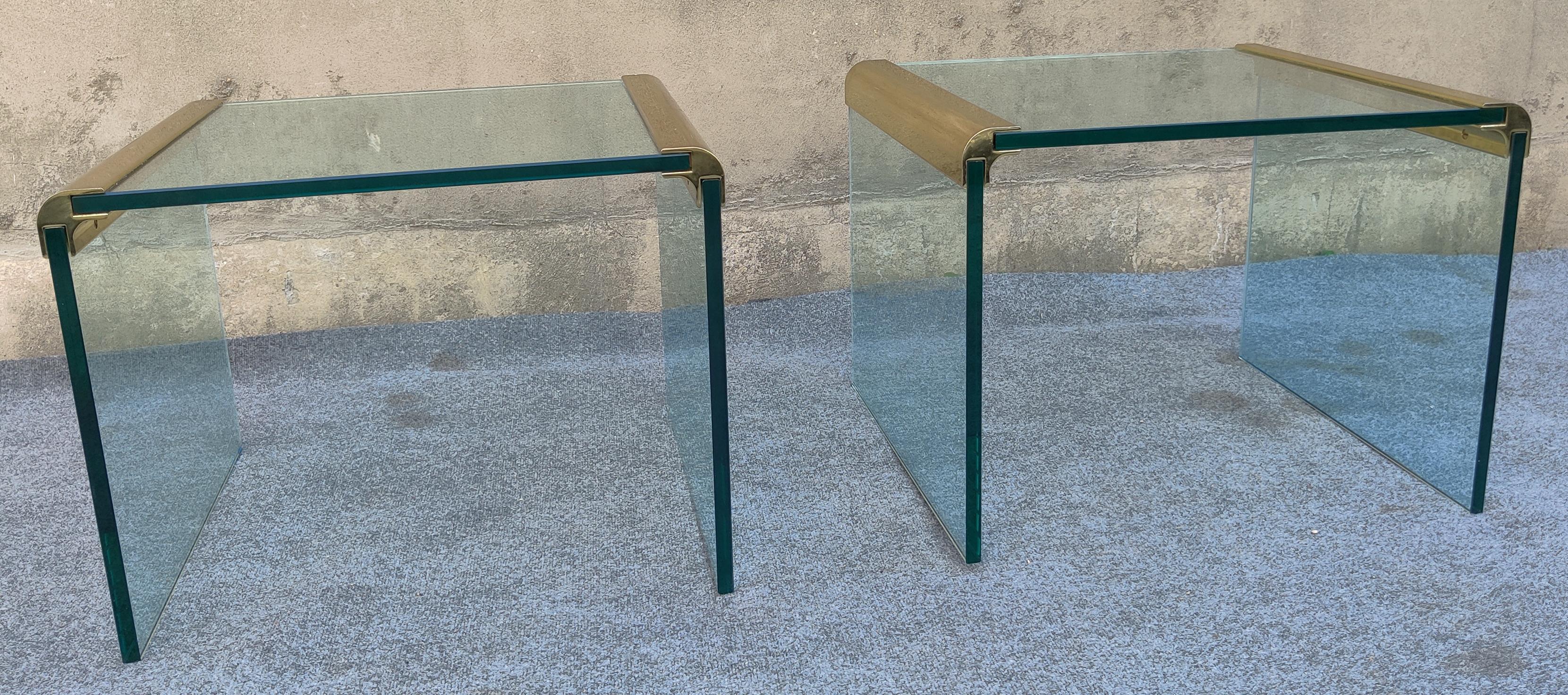 Polished Pair of Pace Furniture Leon Rosen Brass and Glass Waterfall End Side Tables