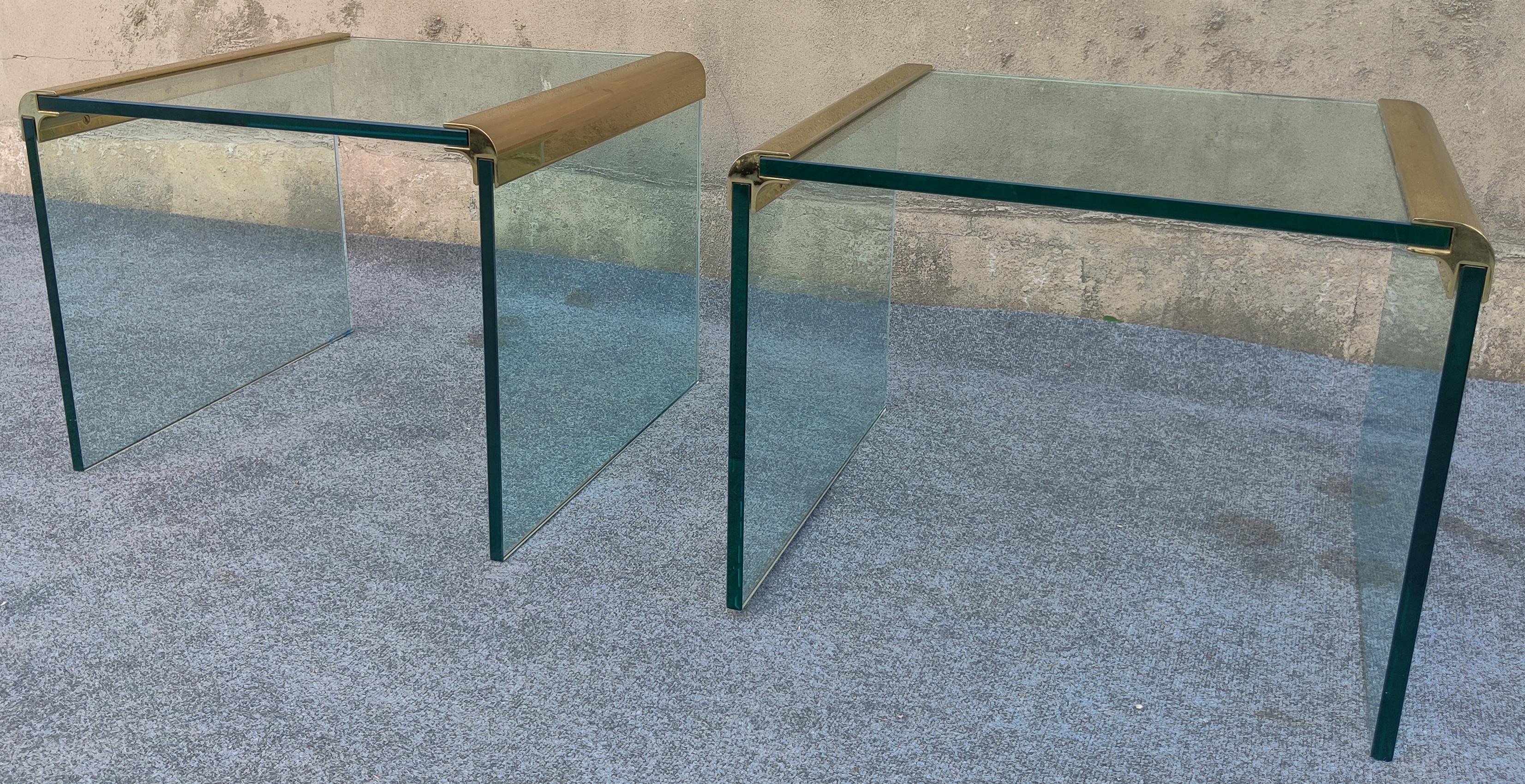 Pair of Pace Furniture Leon Rosen Brass and Glass Waterfall End Side Tables In Good Condition In Philadelphia, PA