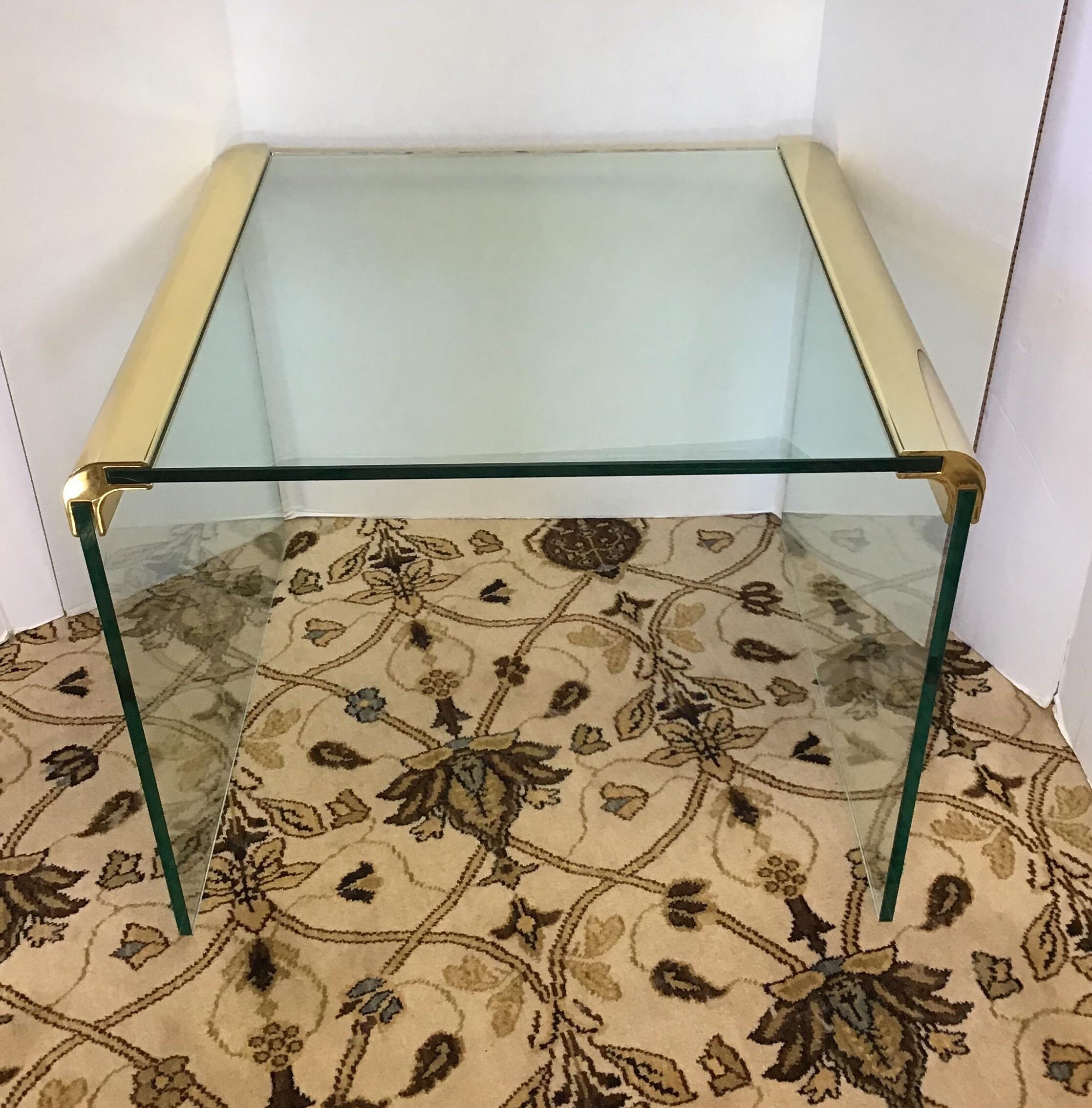 Pair of Pace Furniture Leon Rosen Brass and Glass Waterfall End Side Tables In Good Condition In West Hartford, CT