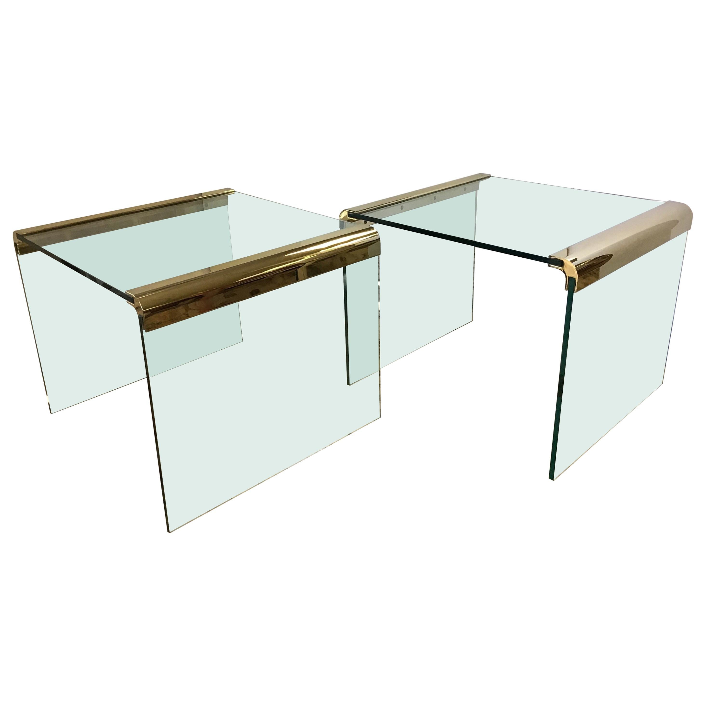 Pair of Pace Furniture Leon Rosen Brass and Glass Waterfall End Side Tables