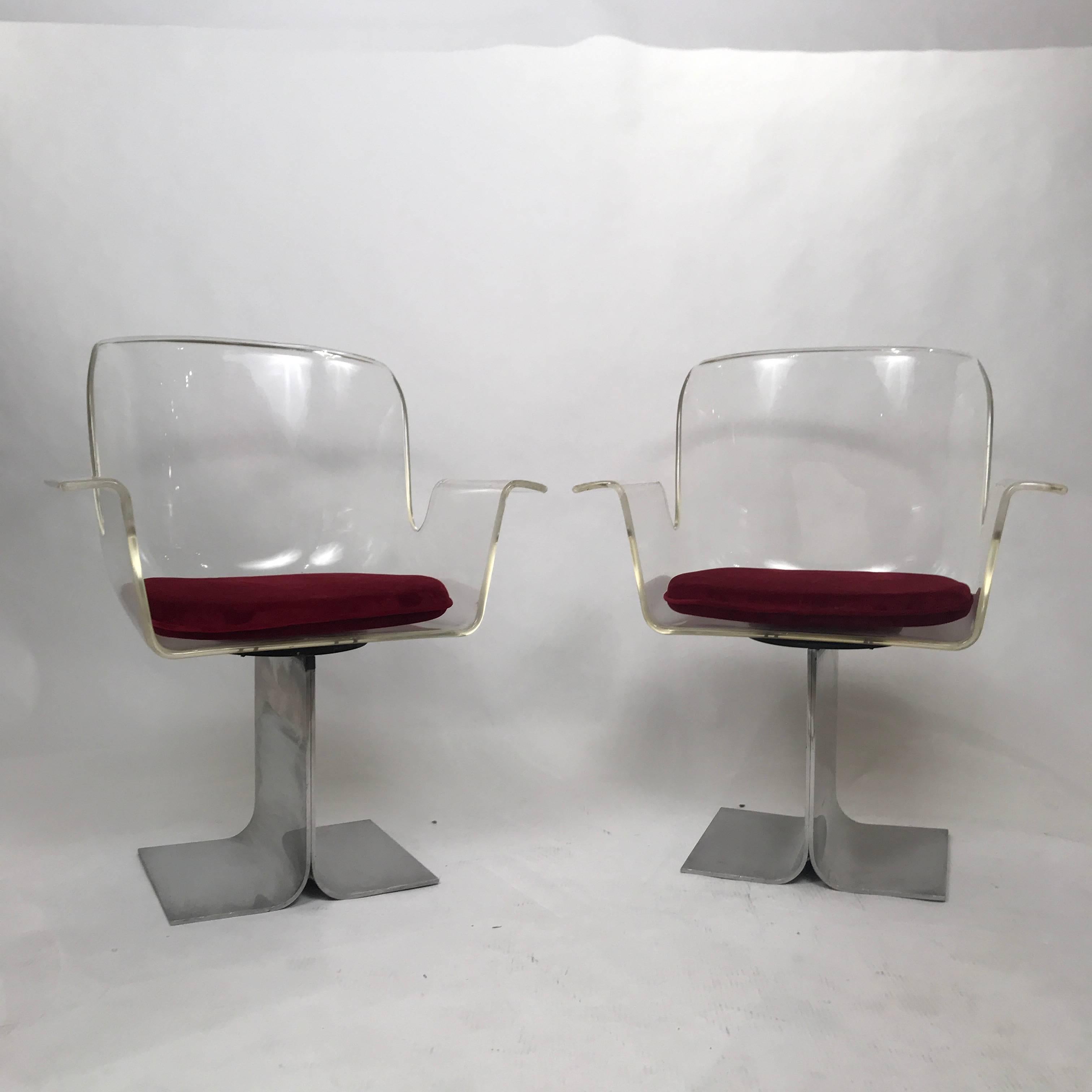 Molded Pair of Pace Lucite & Aluminum Dining or Conference Swivel Chairs by I.M. Rosen