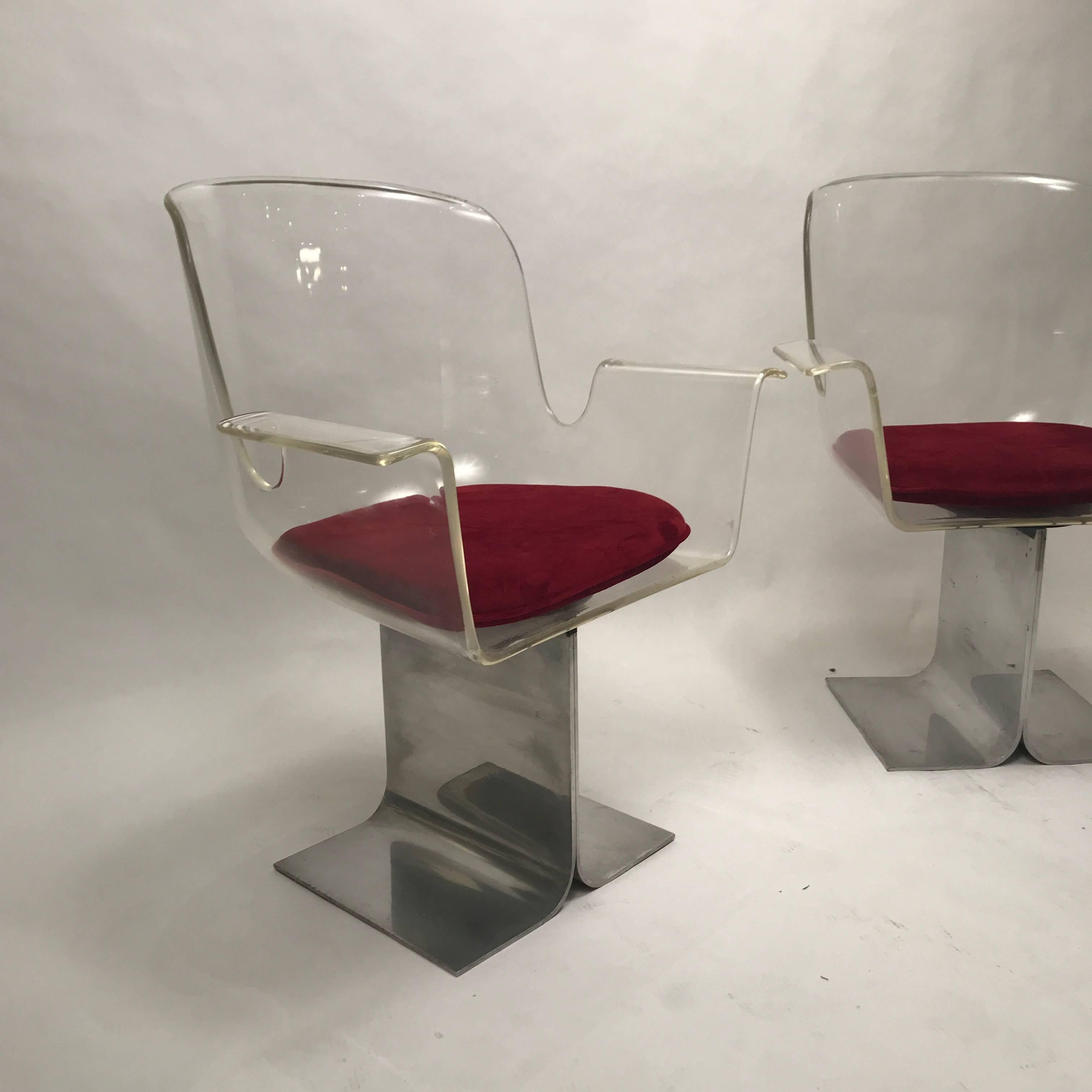 Upholstery Pair of Pace Lucite & Aluminum Dining or Conference Swivel Chairs by I.M. Rosen