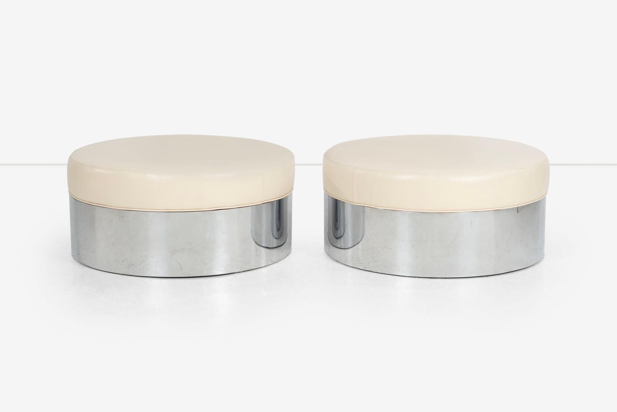 Pair of Pace Style Oversized Architectural Poufs, Wrapped Steel Shell Base with leather cushion top French stitched detail, reupholstered with Spinneybeck leather.

Dimensions:
18