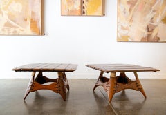 Pair of Pacific Green Navajo End Tables Palm wood Iron and Leather c. 2000s